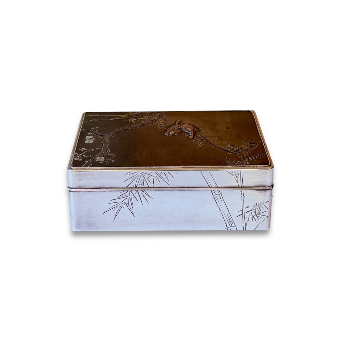 A Japanese Silver Box and Cover with Shibuichi and Shakudō Panel ,Signed Hirotoshi-Taishō Period