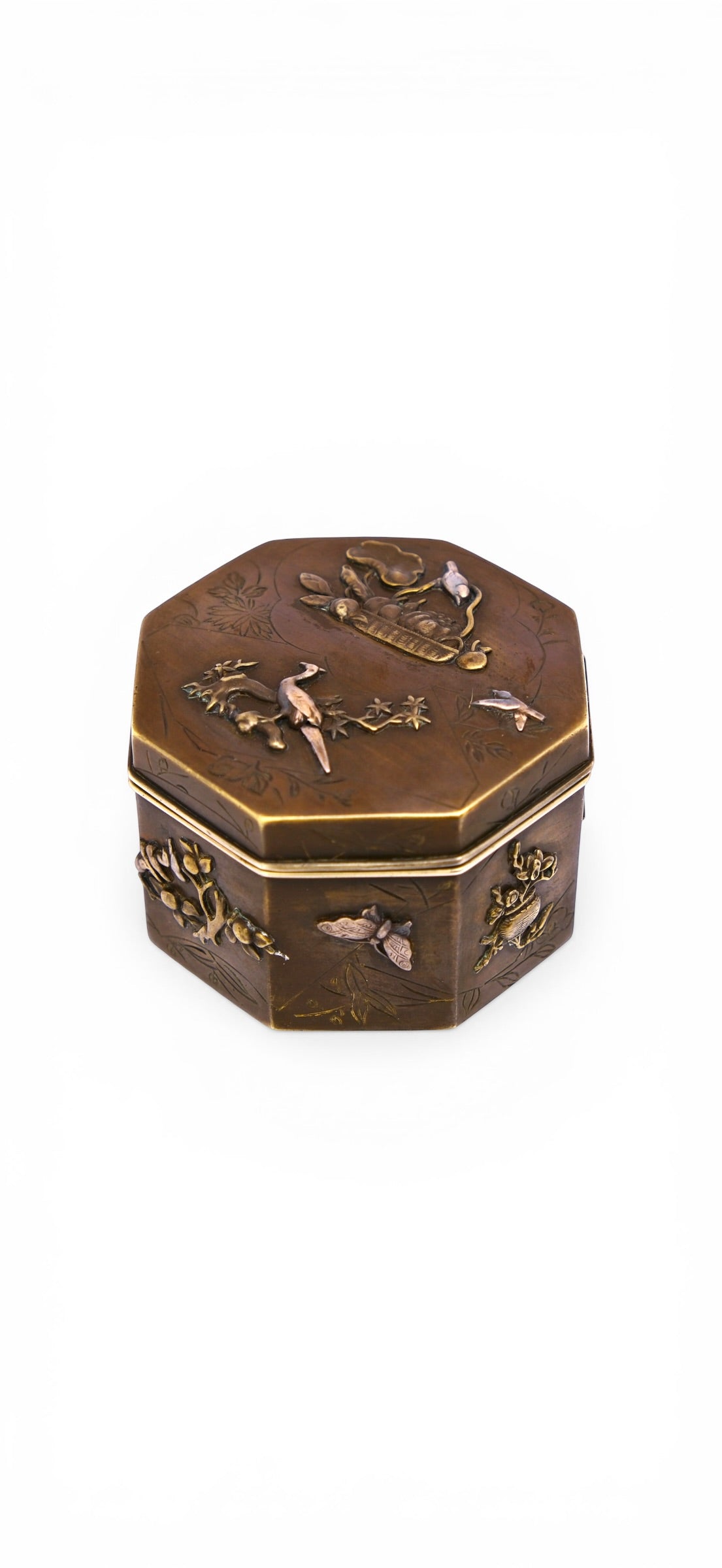 A Small Japanese Mixed-Metal Hexagonal Box-Late Meiji to Taishō period (circa 1900–1920)