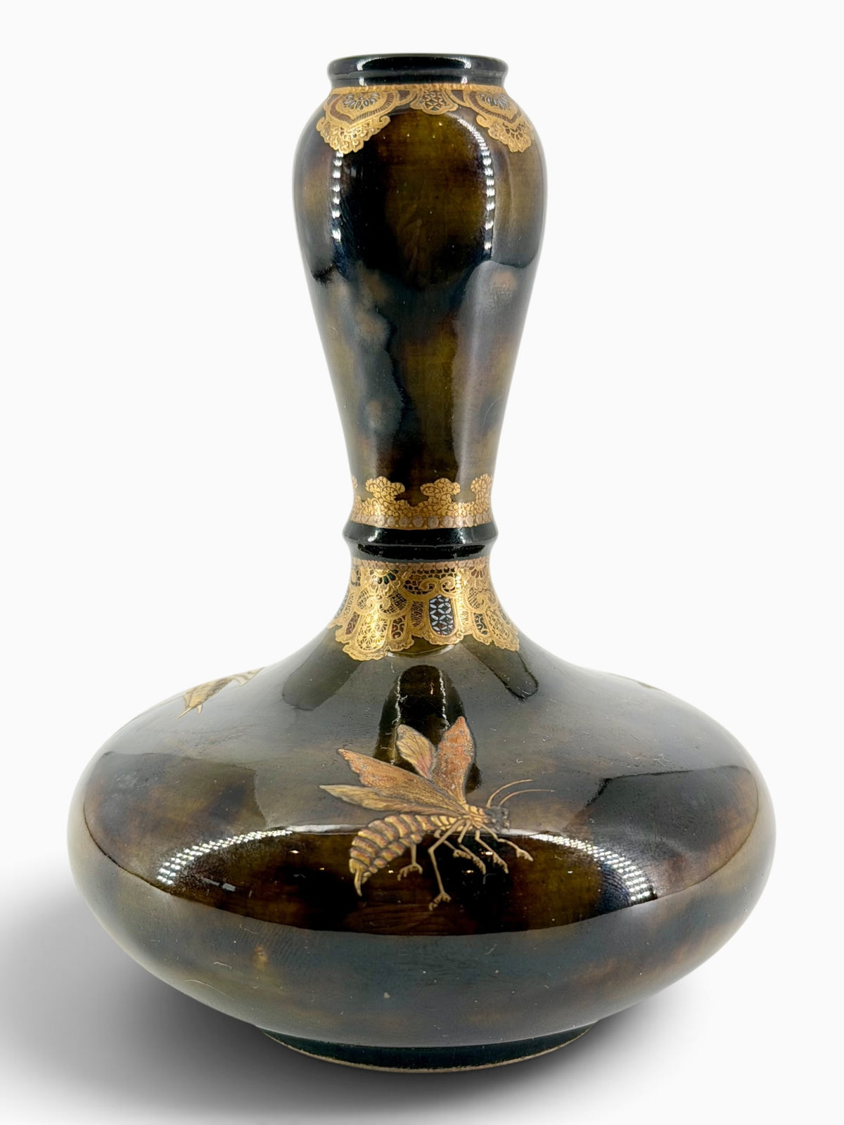 An Exceptional Kinkozan Satsuma Double-Gourd Vase with Insects on a Tortoiseshell Ground.Meiji Era