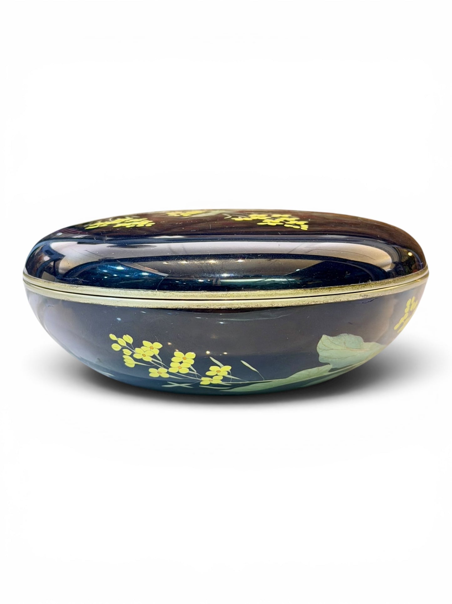 Fine Japanese Cloisonné Enamel Circular Box and Cover Decorated with Nanohana.Meiji Period
