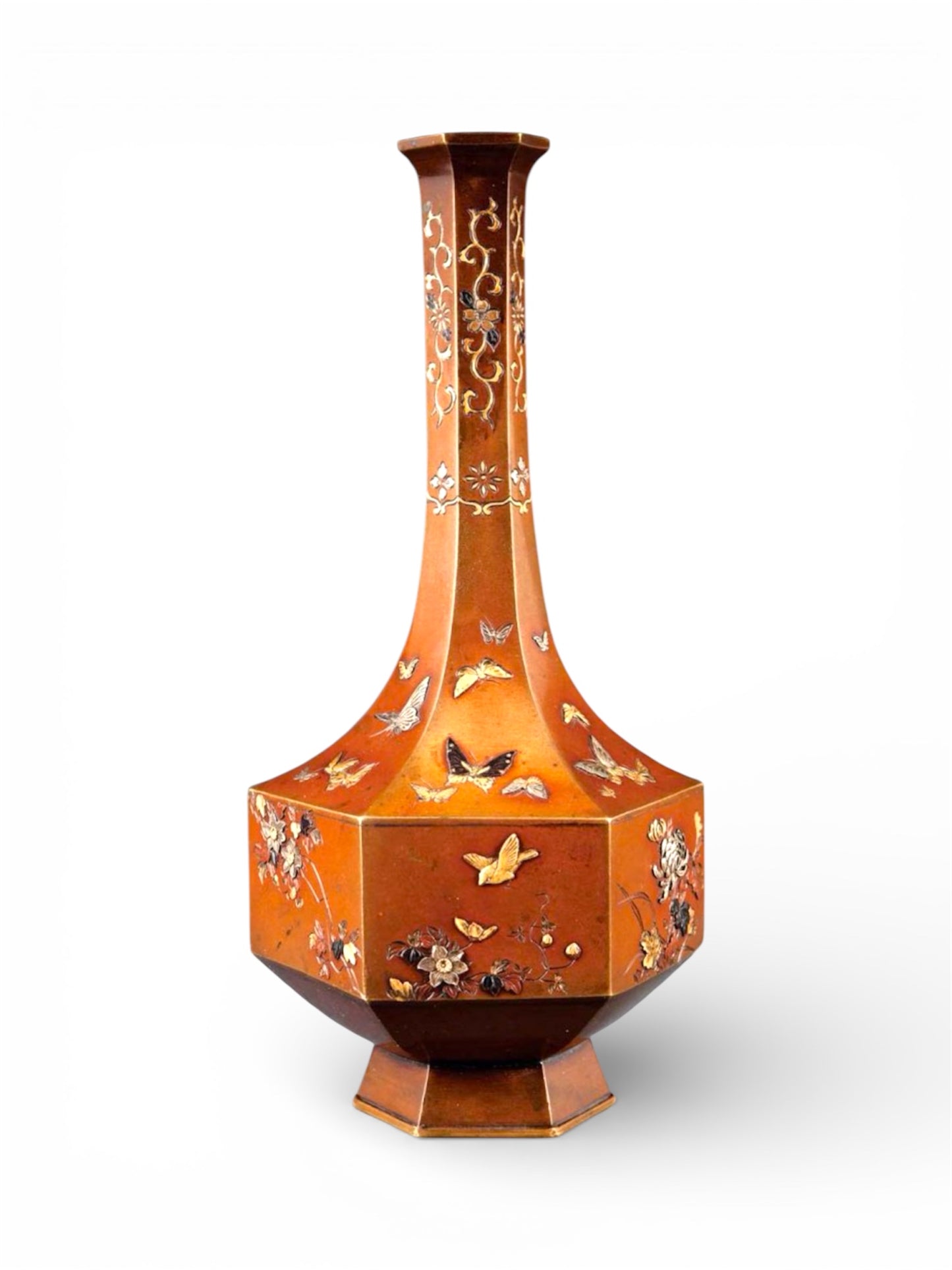 A JAPANESE BRONZE AND MIXED METAL BOTTLE VASE.Meiji period.