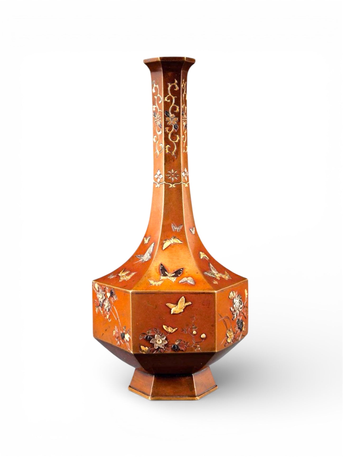 A JAPANESE BRONZE AND MIXED METAL BOTTLE VASE.Meiji period.