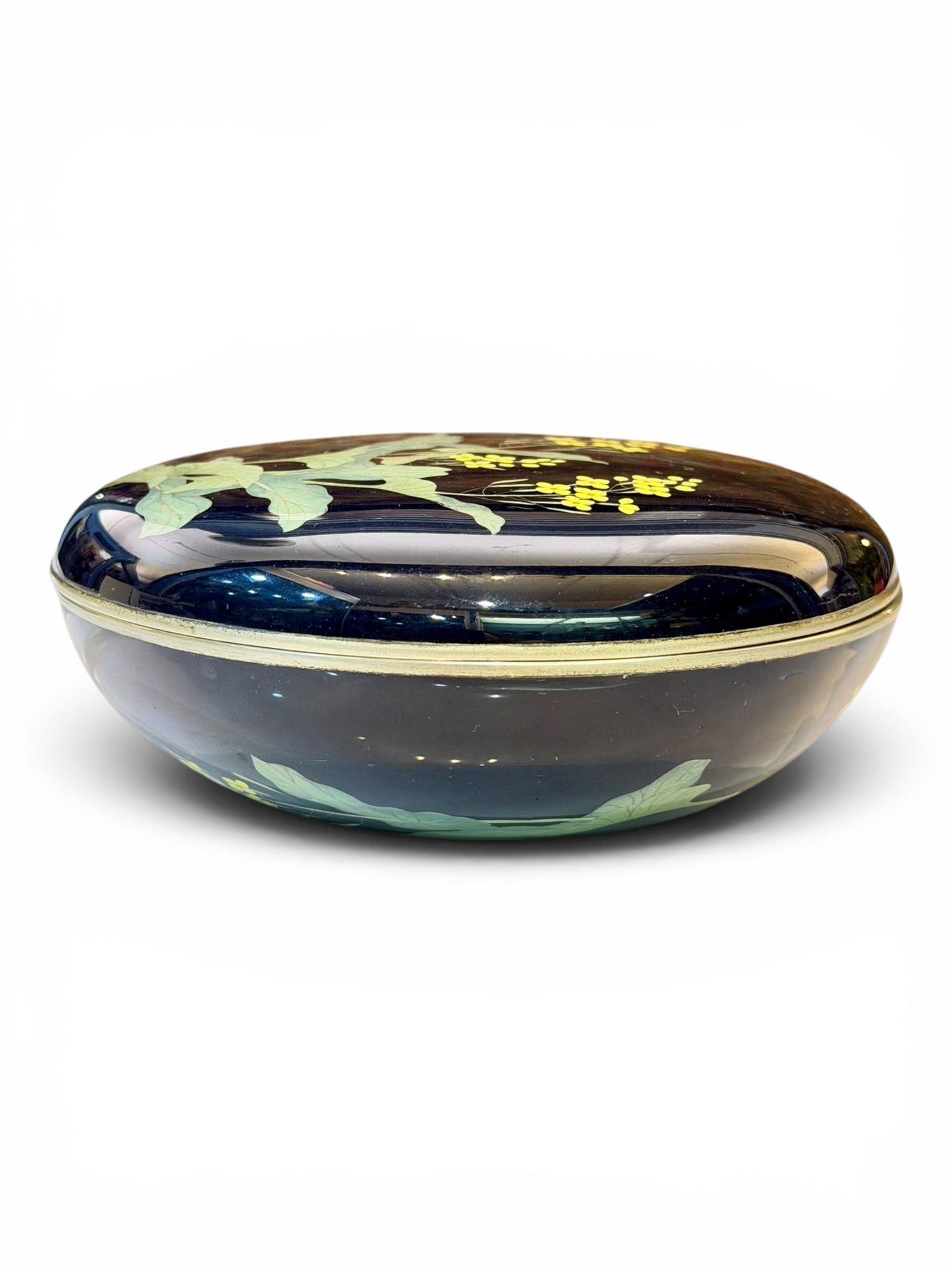 Fine Japanese Cloisonné Enamel Circular Box and Cover Decorated with Nanohana.Meiji Period