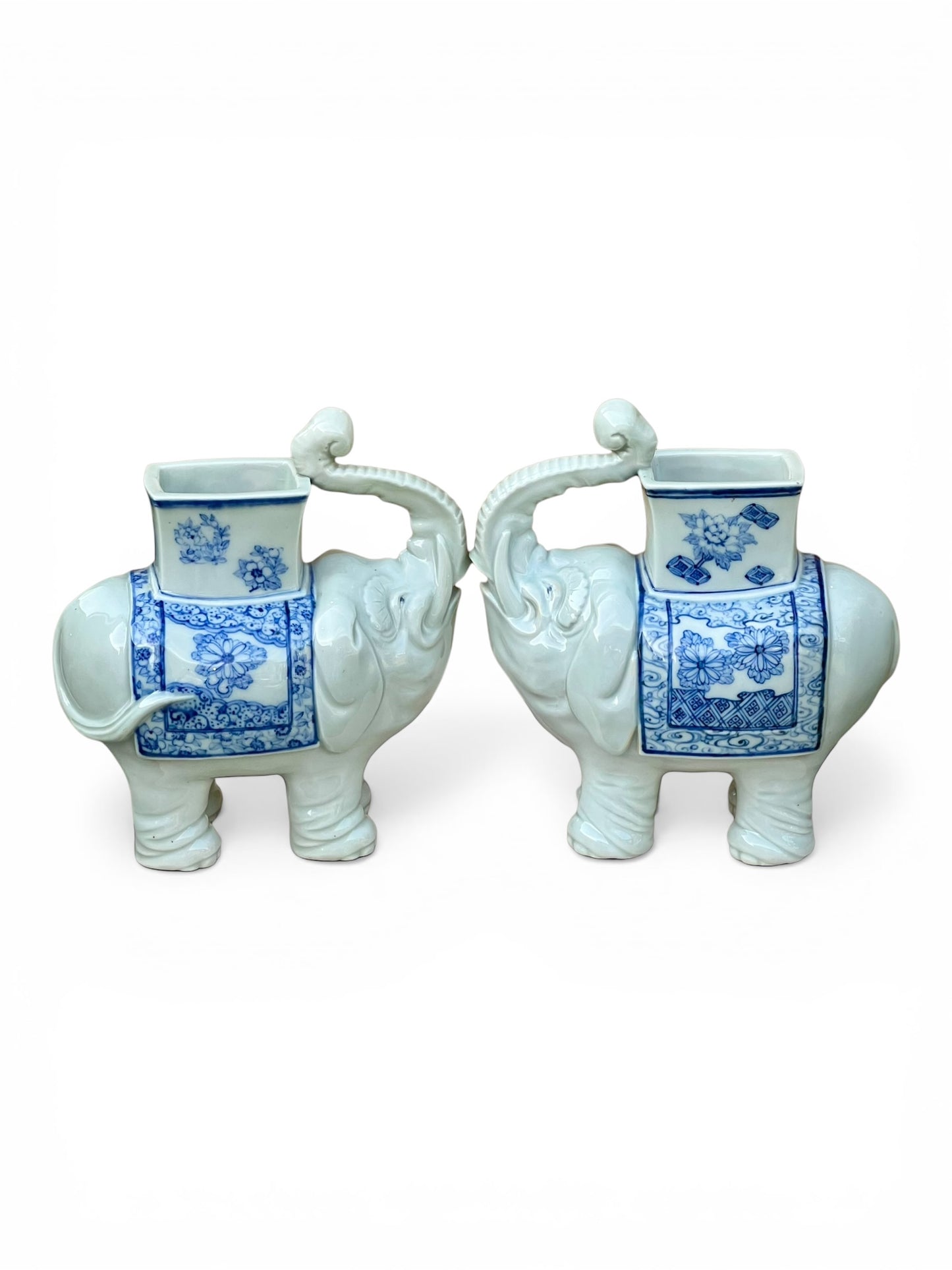 A Pair of Japanese Meiji Period Hirado Blue and White Porcelain Elephant Brush Pots / Vases