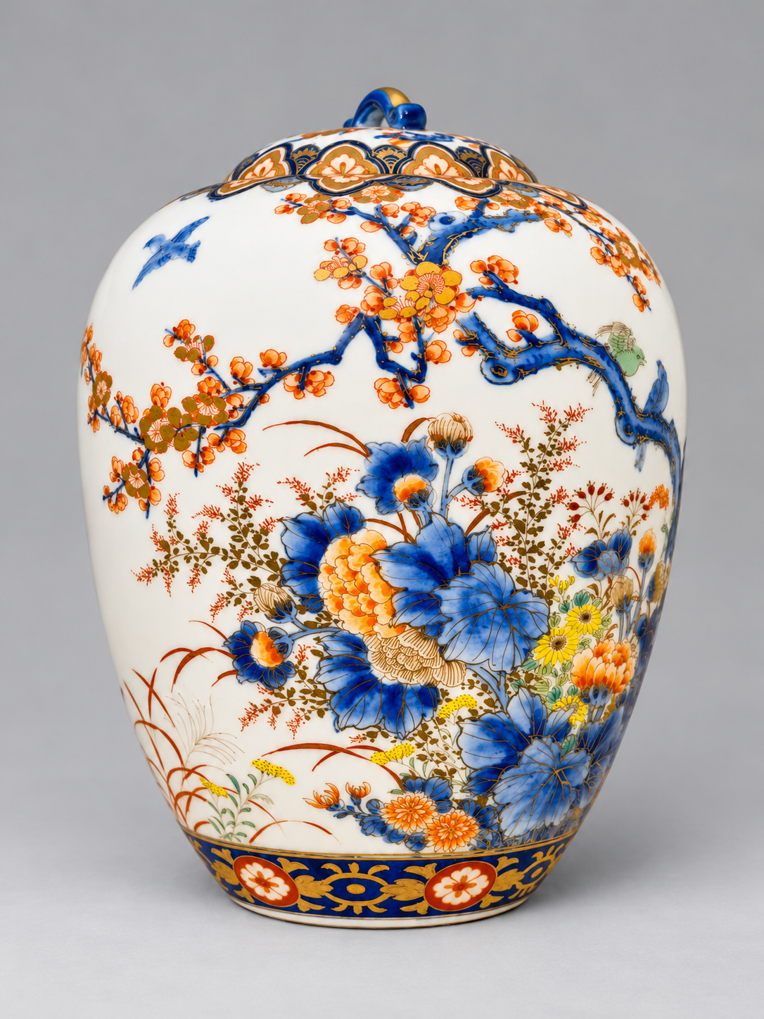 A Fine Fukagawa Porcelain Covered Jar with Prunus, Chrysanthemums and Birds.     Meiji period