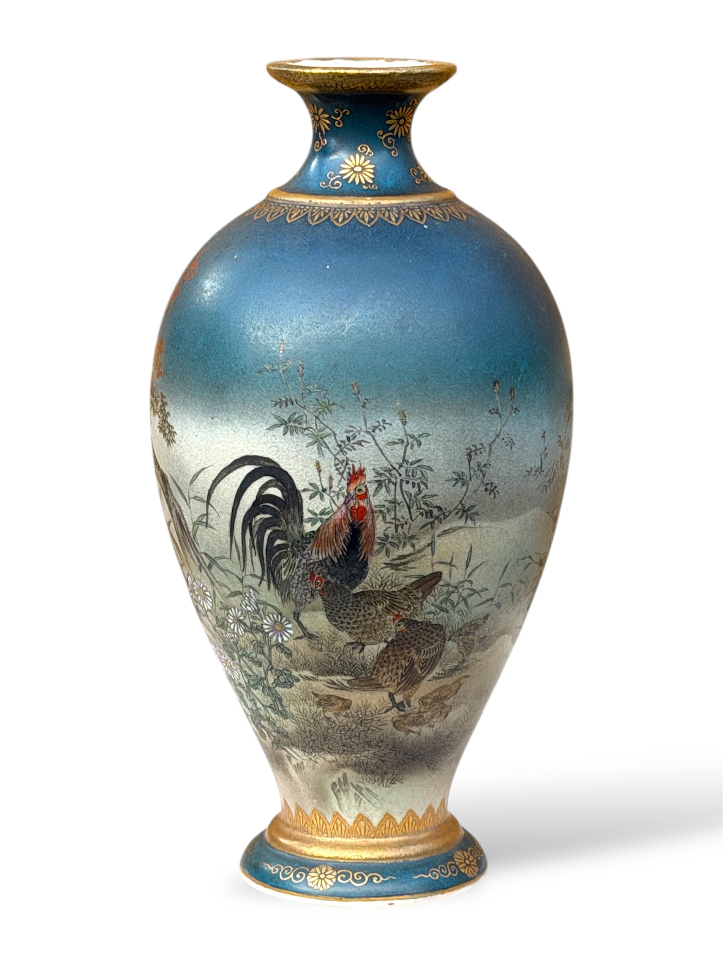 Fine Japanese Satsuma Vase with Roosters and Autumn Maple by Gyokusen, Meiji Period