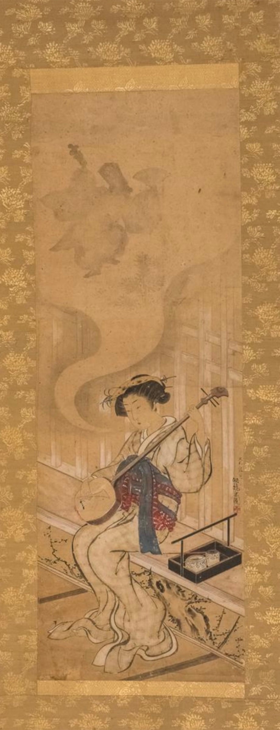 A Fine Japanese Hanging Scroll (Kakejiku), depicting a Bijin playing a Shamisen, signed and sealed
