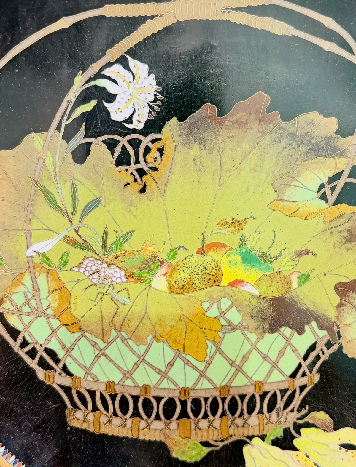 A FINE JAPANESE GOLD-WIRE CLOISONNÉ ENAMEL CHARGER WITH FRUIT, FLOWERS AND A MANTIS, MEIJI PERIOD