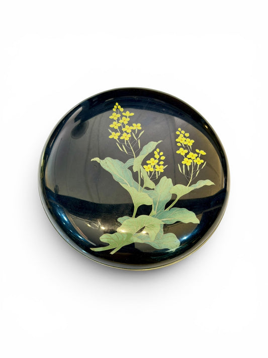 Fine Japanese Cloisonné Enamel Circular Box and Cover Decorated with Nanohana.Meiji Period