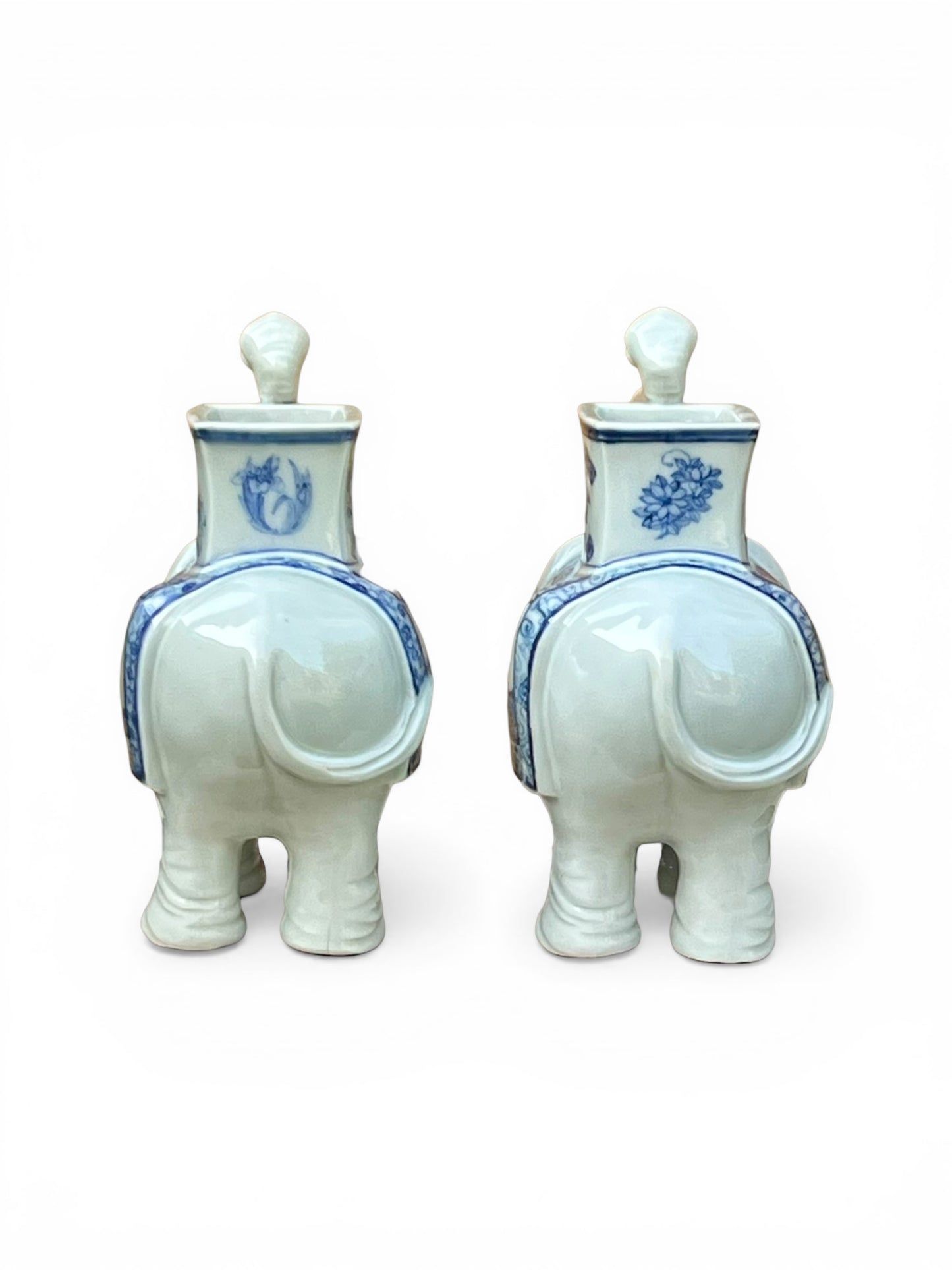 A Pair of Japanese Meiji Period Hirado Blue and White Porcelain Elephant Brush Pots / Vases