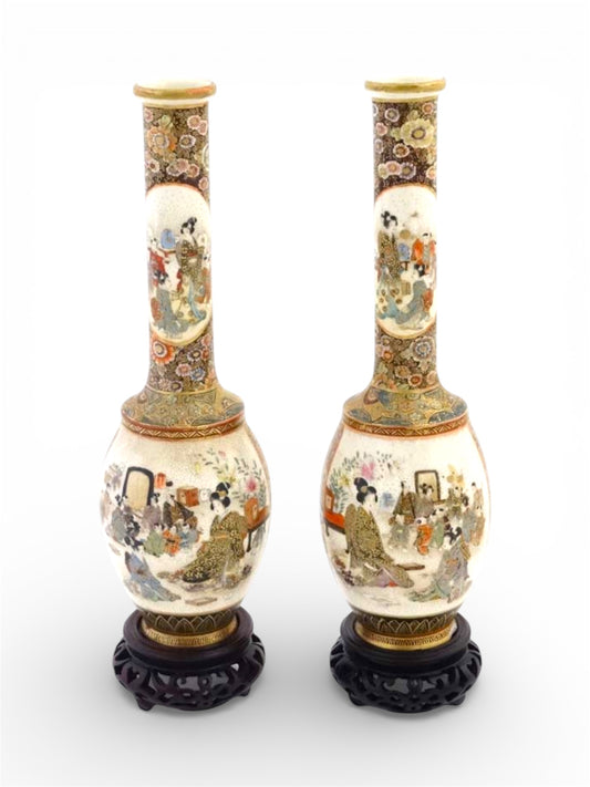 A Fine Pair of Japanese Satsuma Earthenware Vases by Chikusai, Meiji period