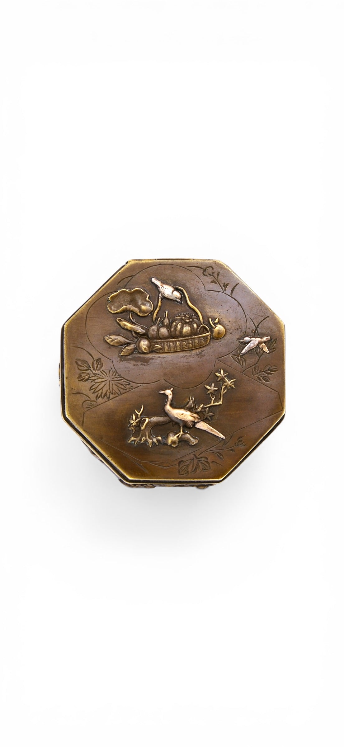 A Small Japanese Mixed-Metal Hexagonal Box-Late Meiji to Taishō period (circa 1900–1920)