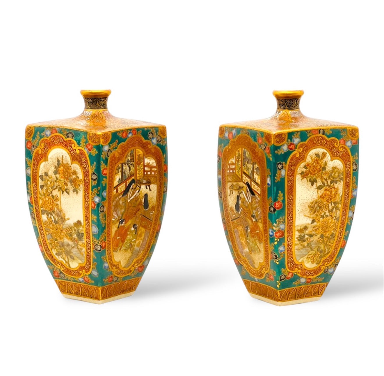 An Important Pair of Kyoto Satsuma Square-Section Vases by Ryōzan, Meiji Period