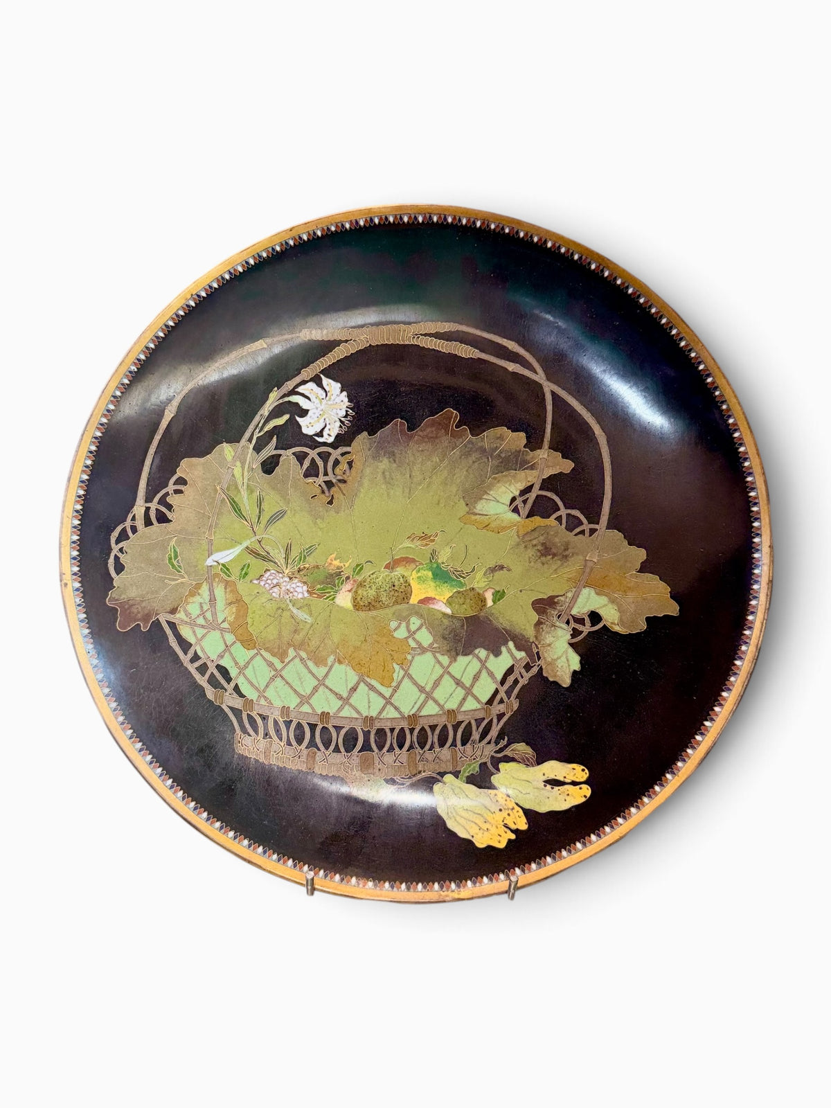 A FINE JAPANESE GOLD-WIRE CLOISONNÉ ENAMEL CHARGER WITH FRUIT, FLOWERS AND A MANTIS, MEIJI PERIOD