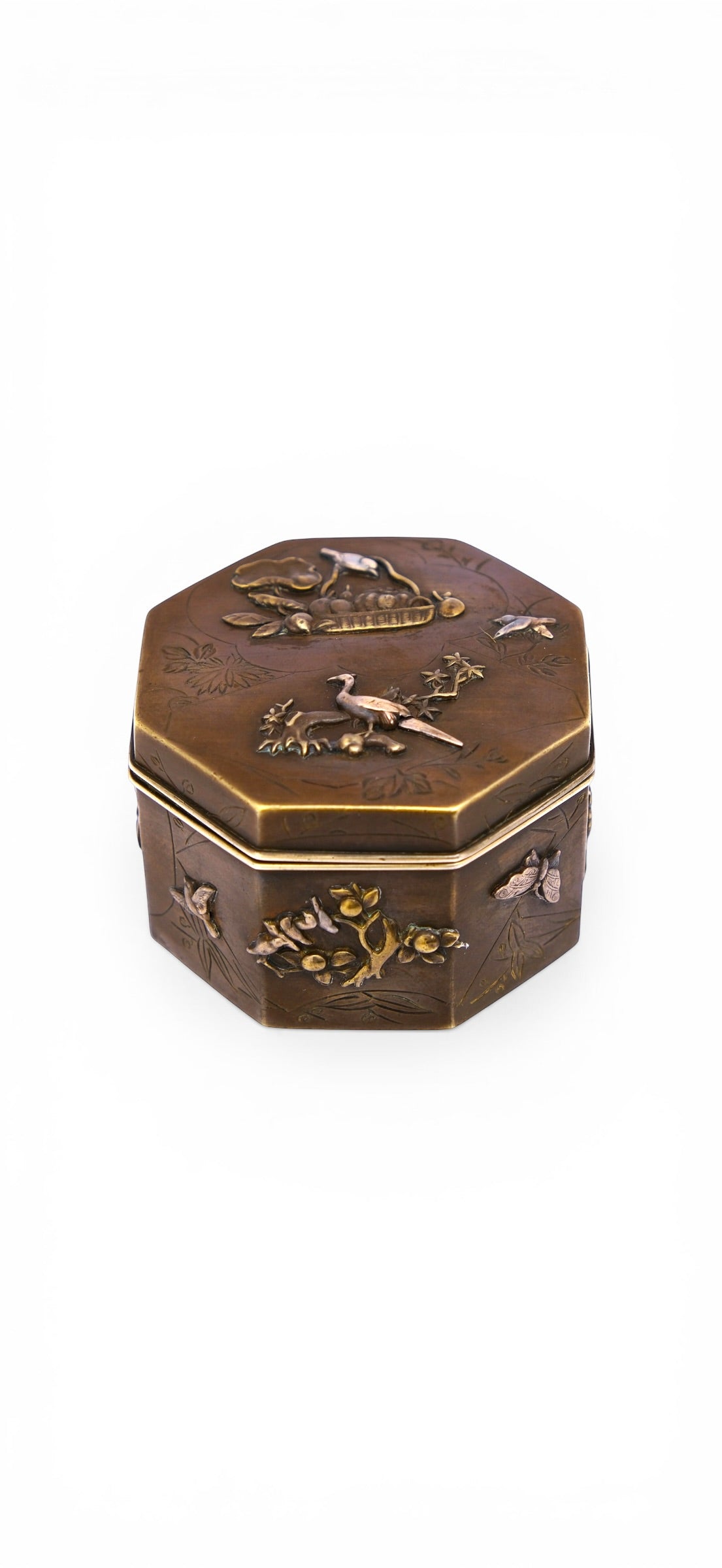 A Small Japanese Mixed-Metal Hexagonal Box-Late Meiji to Taishō period (circa 1900–1920)