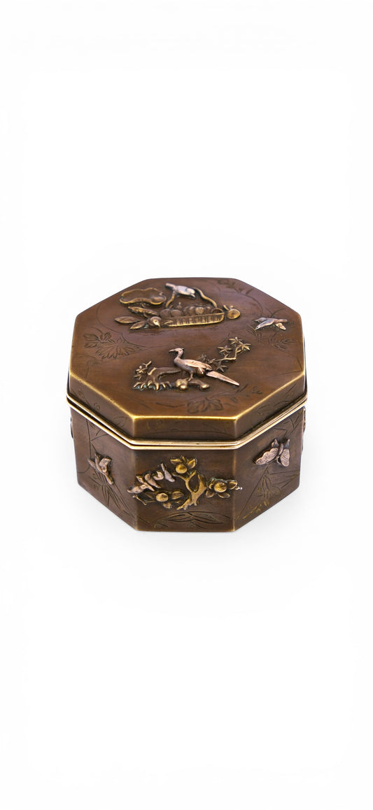 A Small Japanese Mixed-Metal Hexagonal Box-Late Meiji to Taishō period (circa 1900–1920)