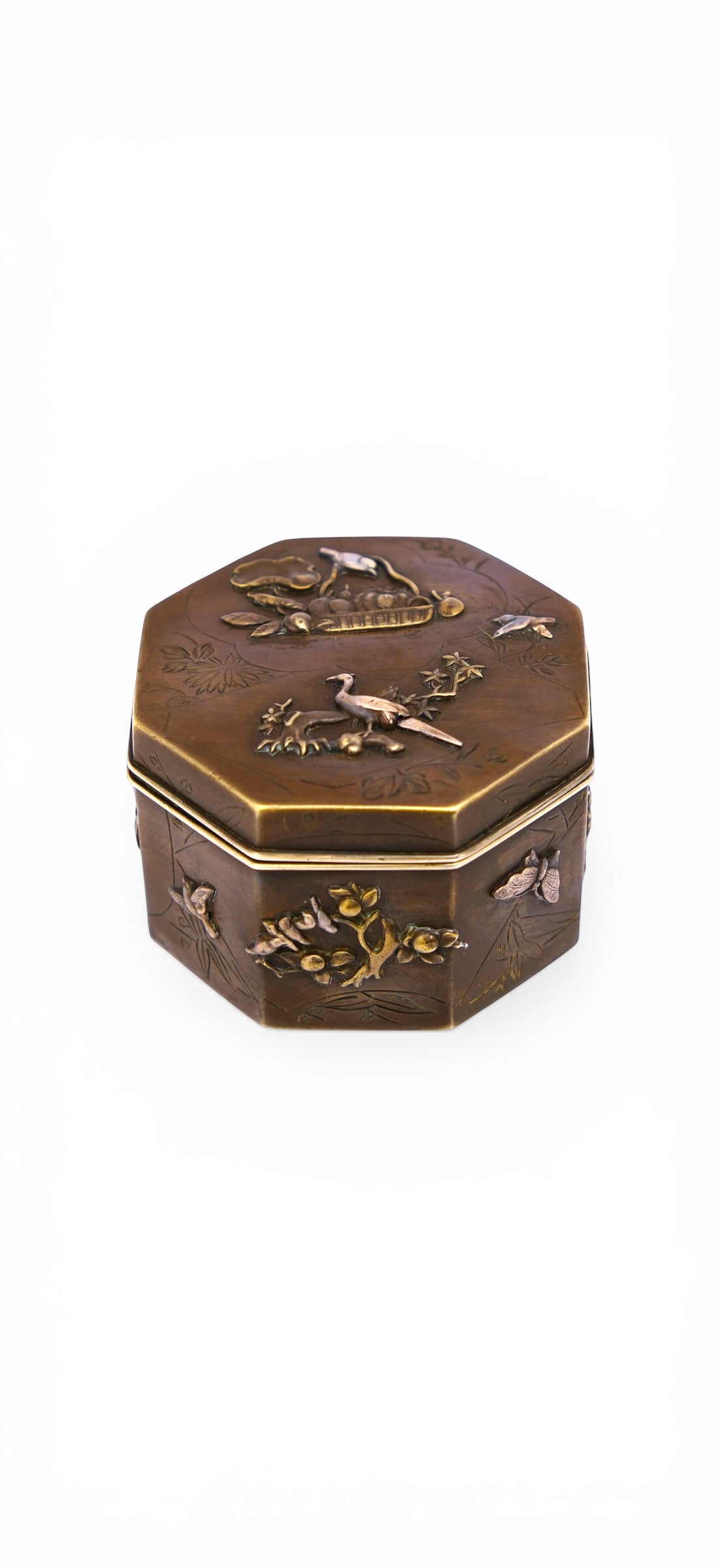 A Small Japanese Mixed-Metal Hexagonal Box-Late Meiji to Taishō period (circa 1900–1920)