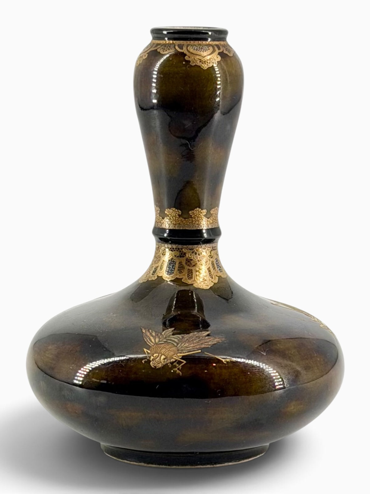 An Exceptional Kinkozan Satsuma Double-Gourd Vase with Insects on a Tortoiseshell Ground.Meiji Era