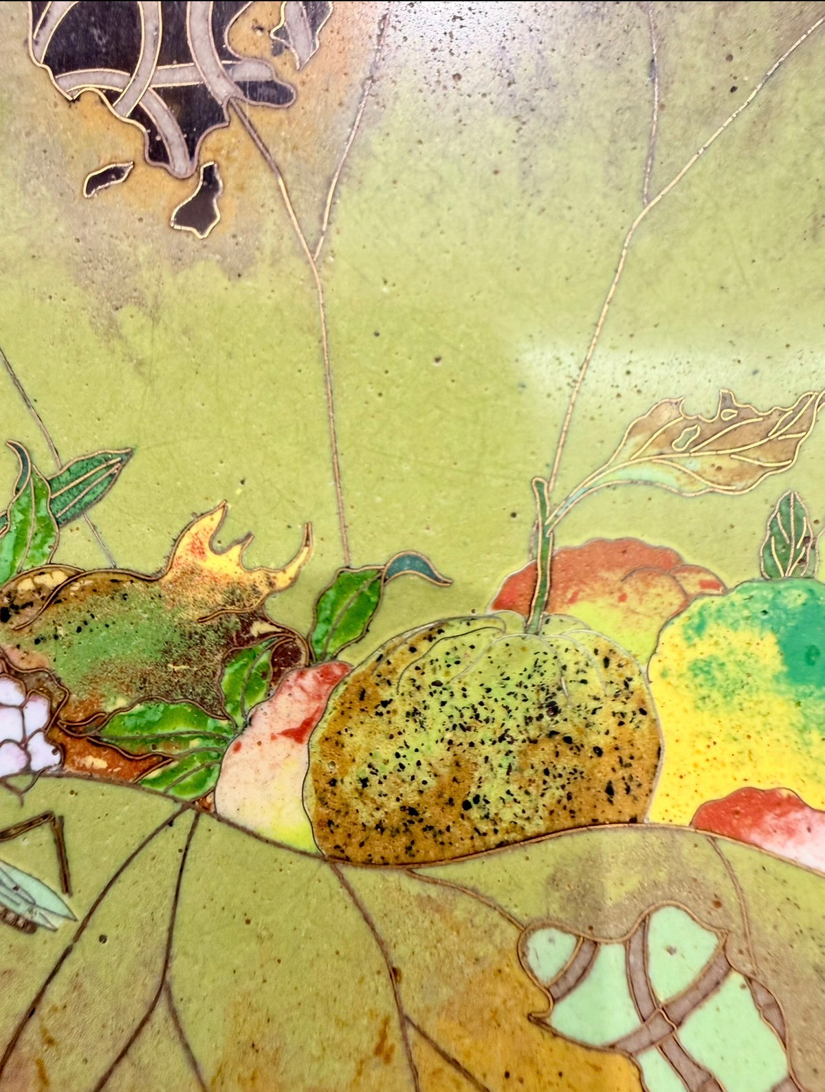 A FINE JAPANESE GOLD-WIRE CLOISONNÉ ENAMEL CHARGER WITH FRUIT, FLOWERS AND A MANTIS, MEIJI PERIOD