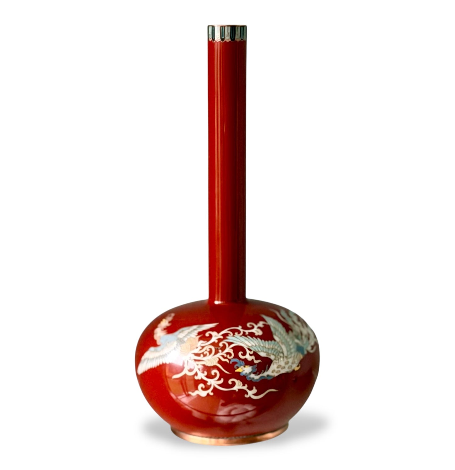 A Fine Japanese Cloisonné Enamel Bottle Vase with Three Phoenix (Hō-ō)-Meiji Period