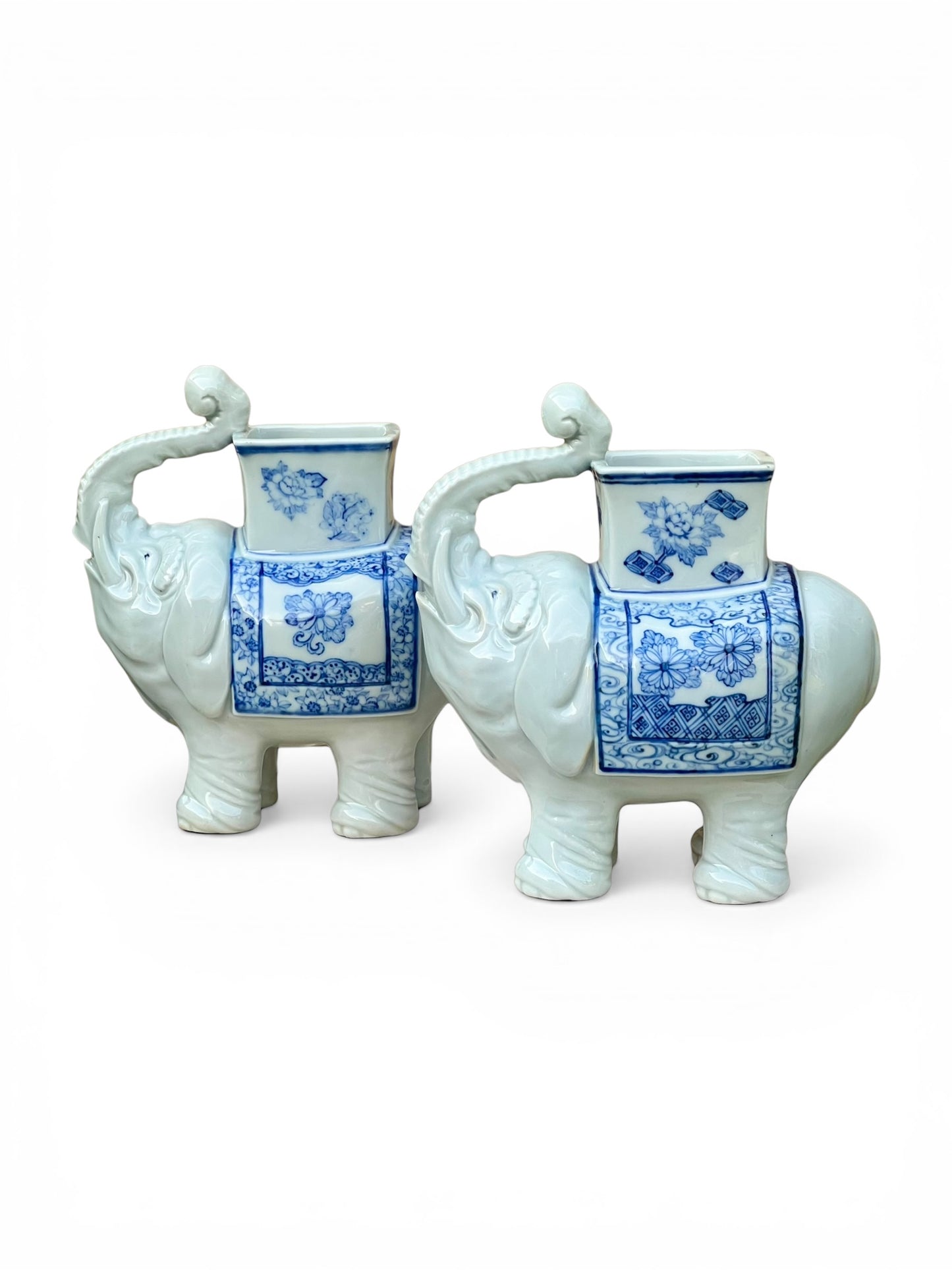 A Pair of Japanese Meiji Period Hirado Blue and White Porcelain Elephant Brush Pots / Vases