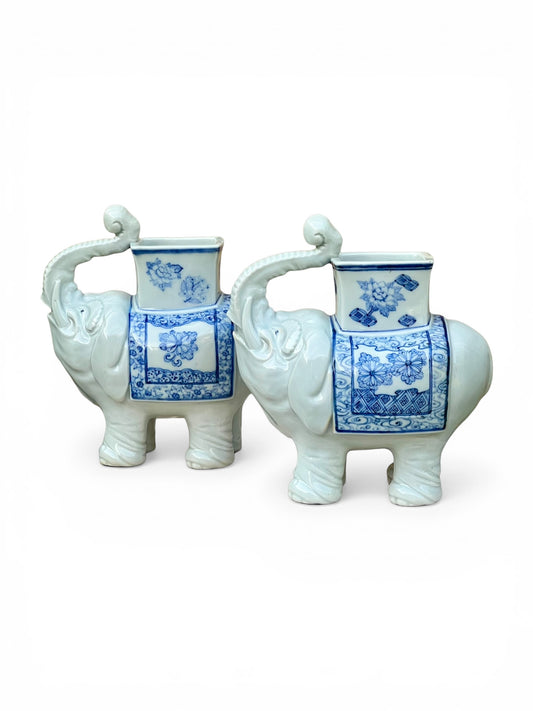 A Pair of Japanese Meiji Period Hirado Blue and White Porcelain Elephant Brush Pots / Vases
