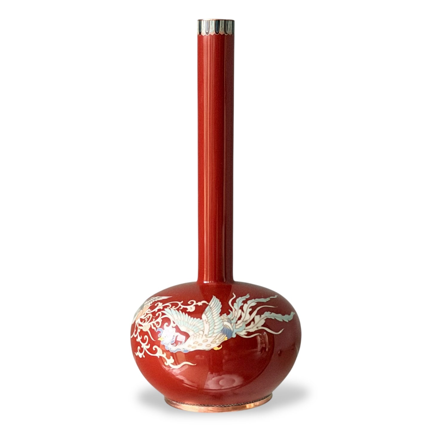 A Fine Japanese Cloisonné Enamel Bottle Vase with Three Phoenix (Hō-ō)-Meiji Period