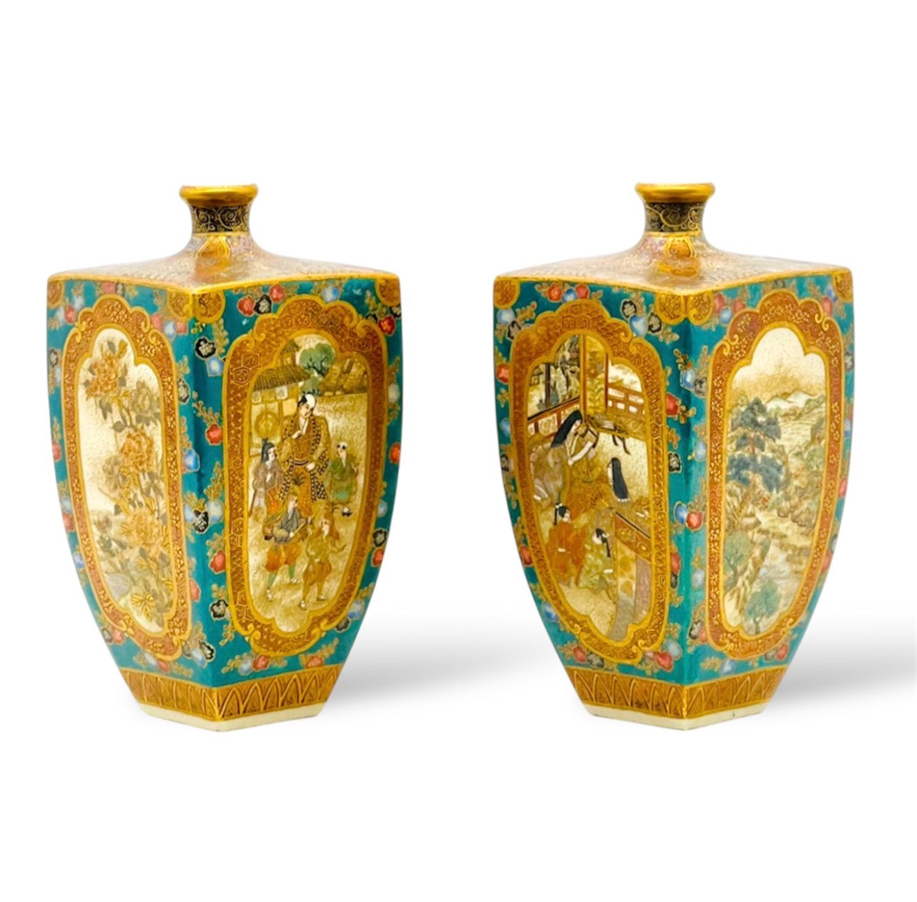 An Important Pair of Kyoto Satsuma Square-Section Vases by Ryōzan, Meiji Period
