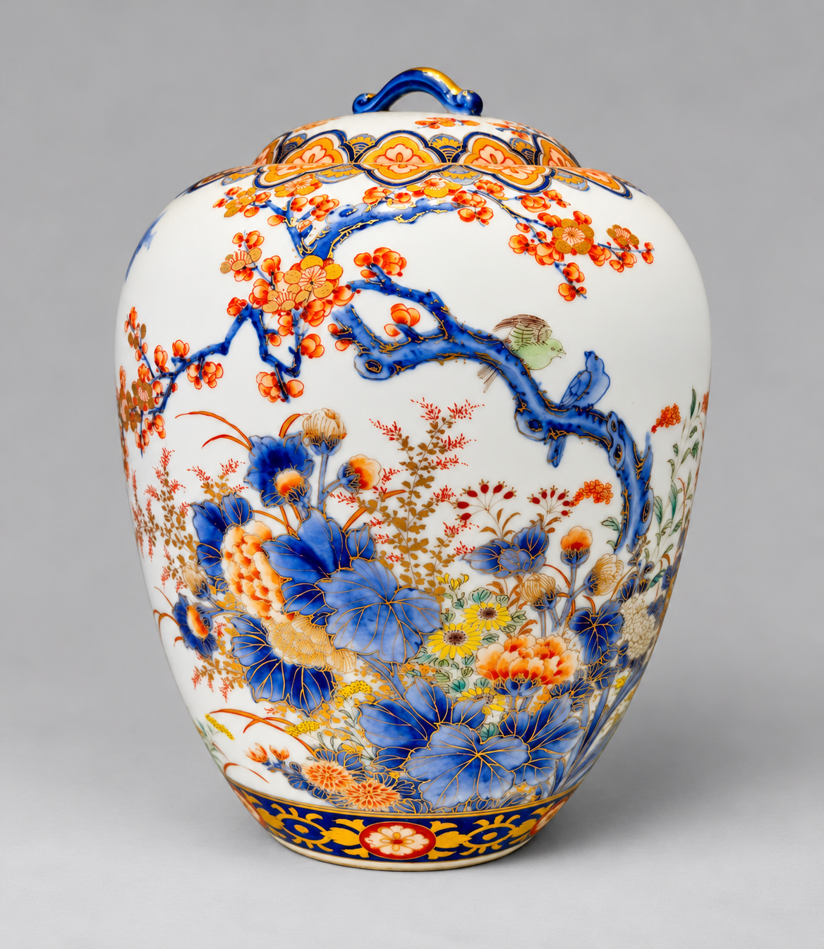 A Fine Fukagawa Porcelain Covered Jar with Prunus, Chrysanthemums and Birds.     Meiji period