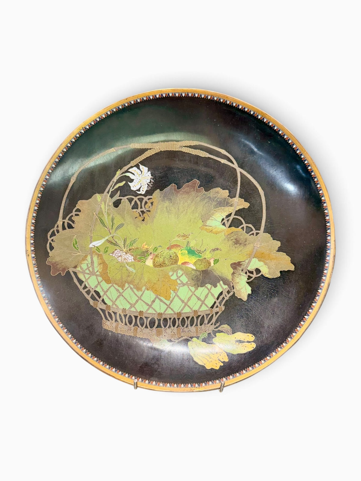 A FINE JAPANESE GOLD-WIRE CLOISONNÉ ENAMEL CHARGER WITH FRUIT, FLOWERS AND A MANTIS, MEIJI PERIOD