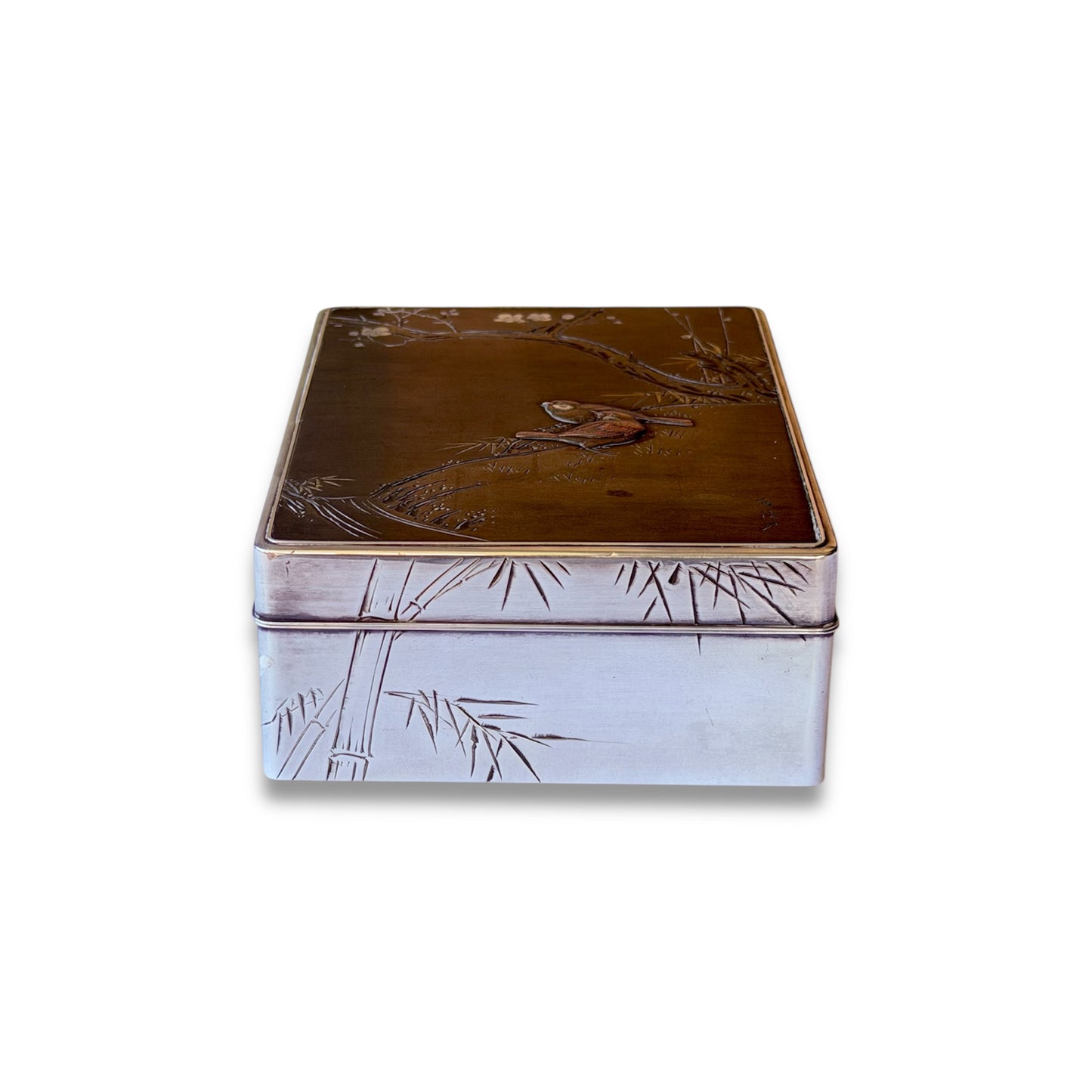 A Japanese Silver Box and Cover with Shibuichi and Shakudō Panel ,Signed Hirotoshi-Taishō Period