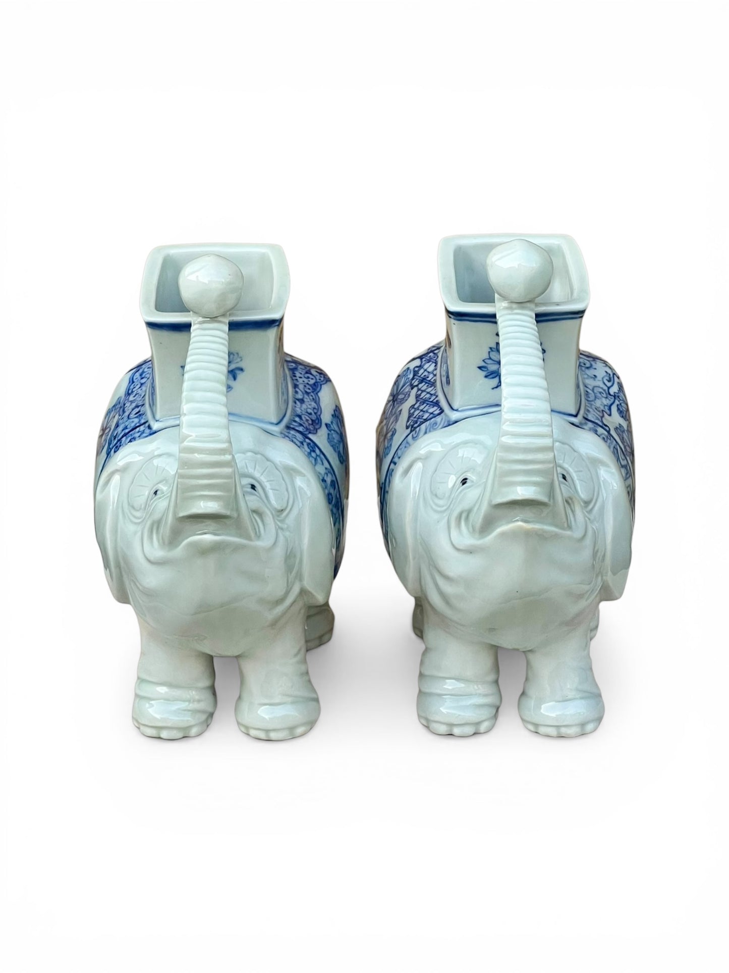 A Pair of Japanese Meiji Period Hirado Blue and White Porcelain Elephant Brush Pots / Vases