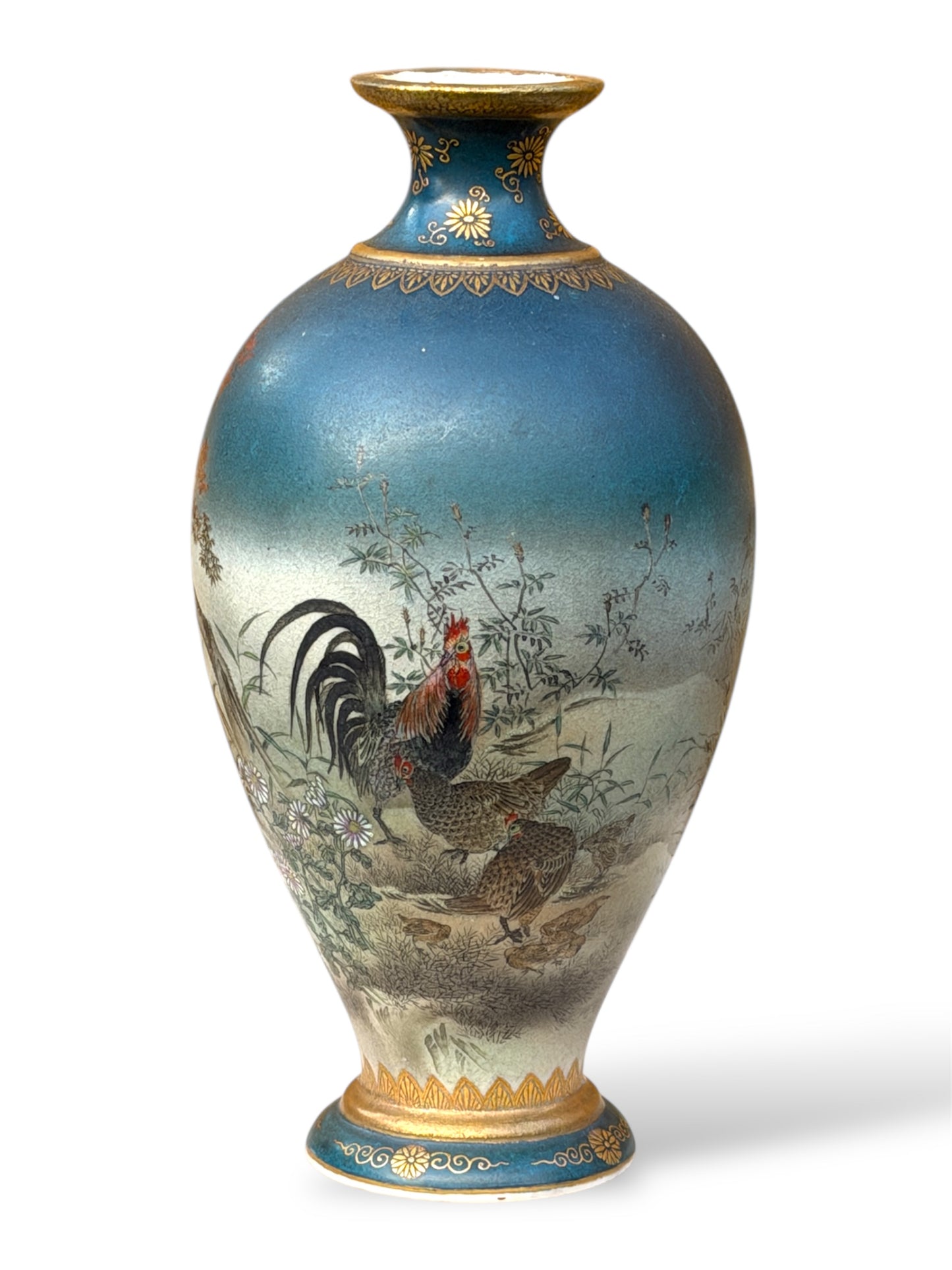 Fine Japanese Satsuma Vase with Roosters and Autumn Maple by Gyokusen, Meiji Period