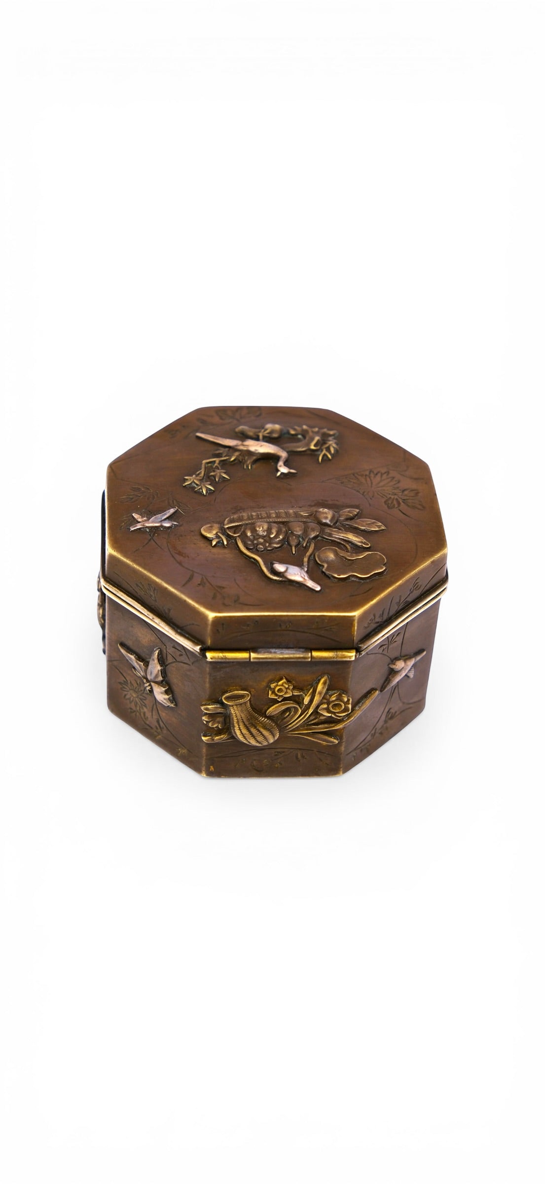 A Small Japanese Mixed-Metal Hexagonal Box-Late Meiji to Taishō period (circa 1900–1920)