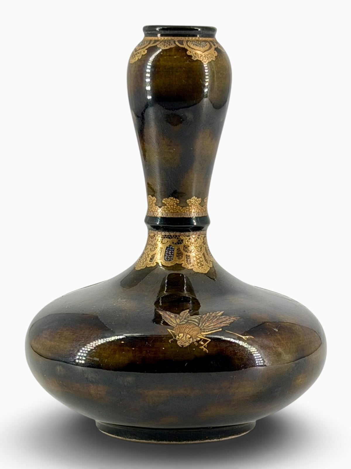 An Exceptional Kinkozan Satsuma Double-Gourd Vase with Insects on a Tortoiseshell Ground.Meiji Era