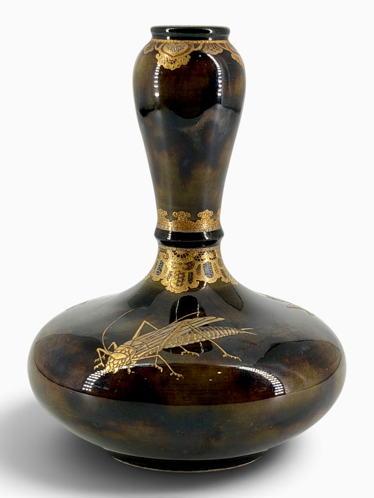 An Exceptional Kinkozan Satsuma Double-Gourd Vase with Insects on a Tortoiseshell Ground.Meiji Era