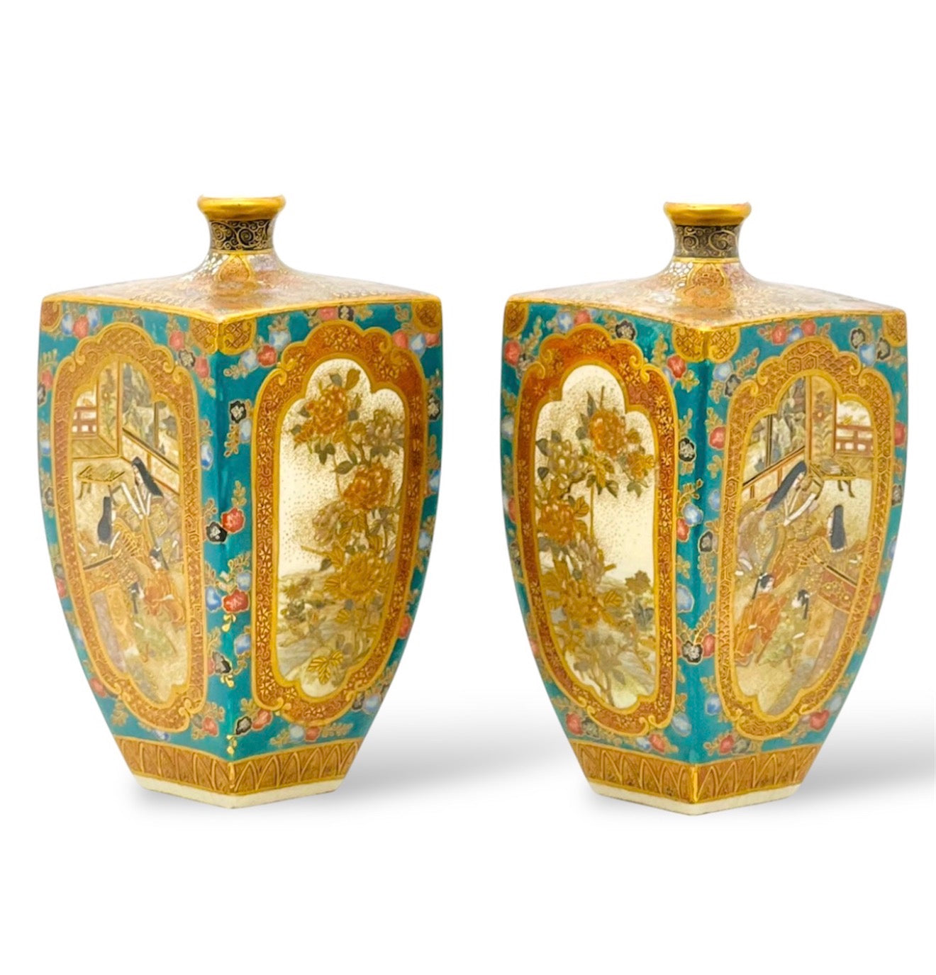 An Important Pair of Kyoto Satsuma Square-Section Vases by Ryōzan, Meiji Period