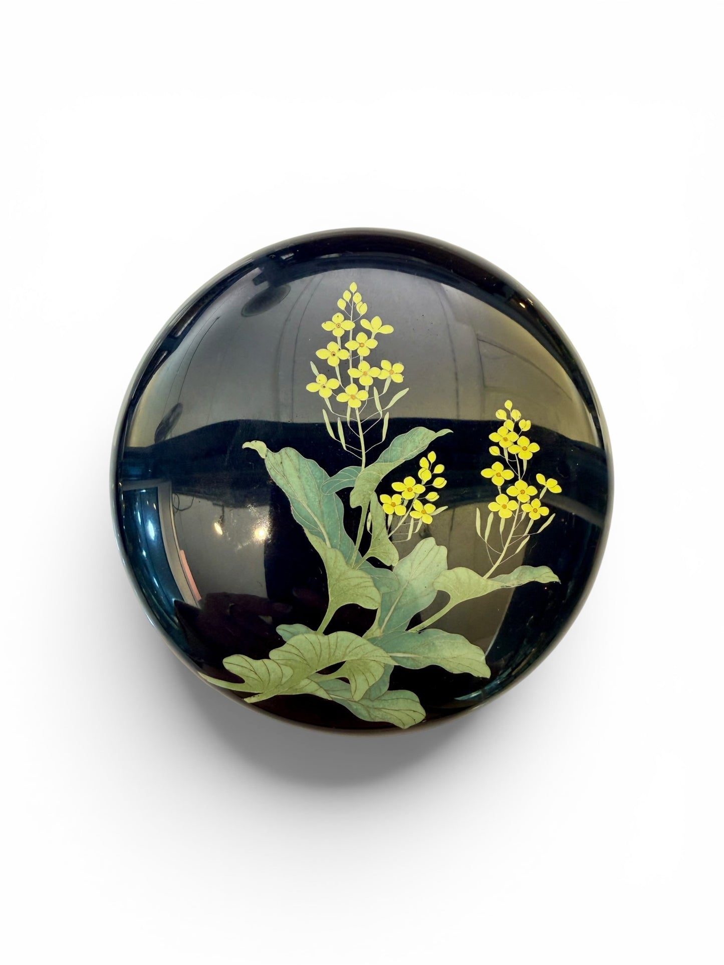 Fine Japanese Cloisonné Enamel Circular Box and Cover Decorated with Nanohana.Meiji Period
