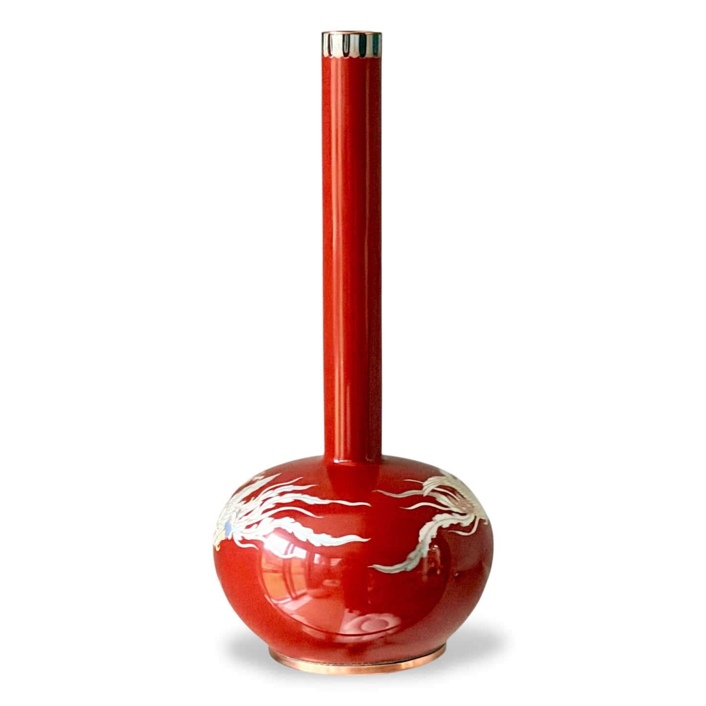 A Fine Japanese Cloisonné Enamel Bottle Vase with Three Phoenix (Hō-ō)-Meiji Period