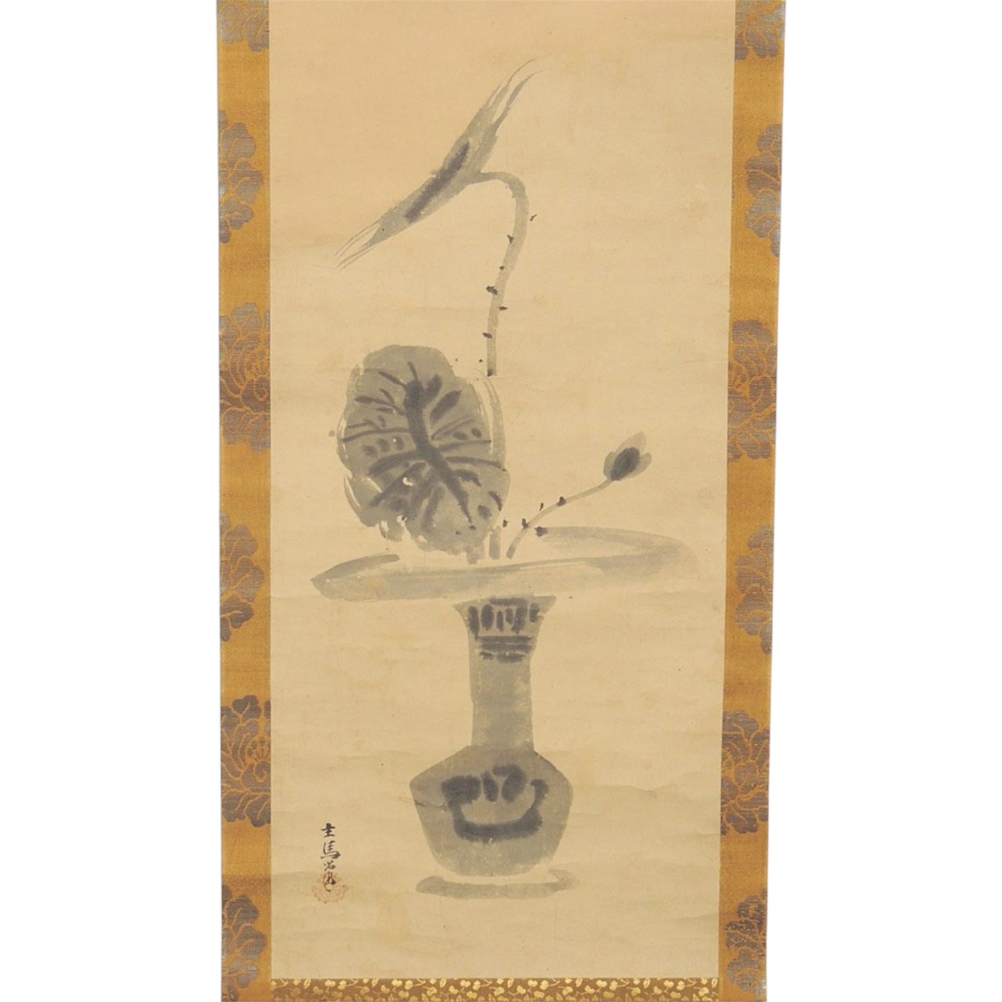 A Fine Japanese Hanging Scroll (Kakejiku), depicting a Vase with Blossoming Stem, signed and sealed