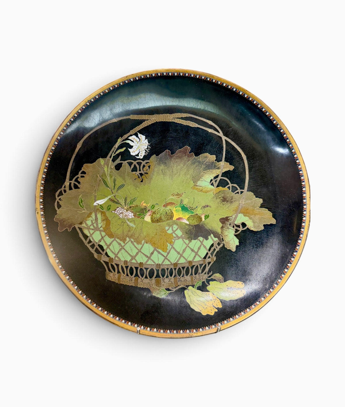 A FINE JAPANESE GOLD-WIRE CLOISONNÉ ENAMEL CHARGER WITH FRUIT, FLOWERS AND A MANTIS, MEIJI PERIOD