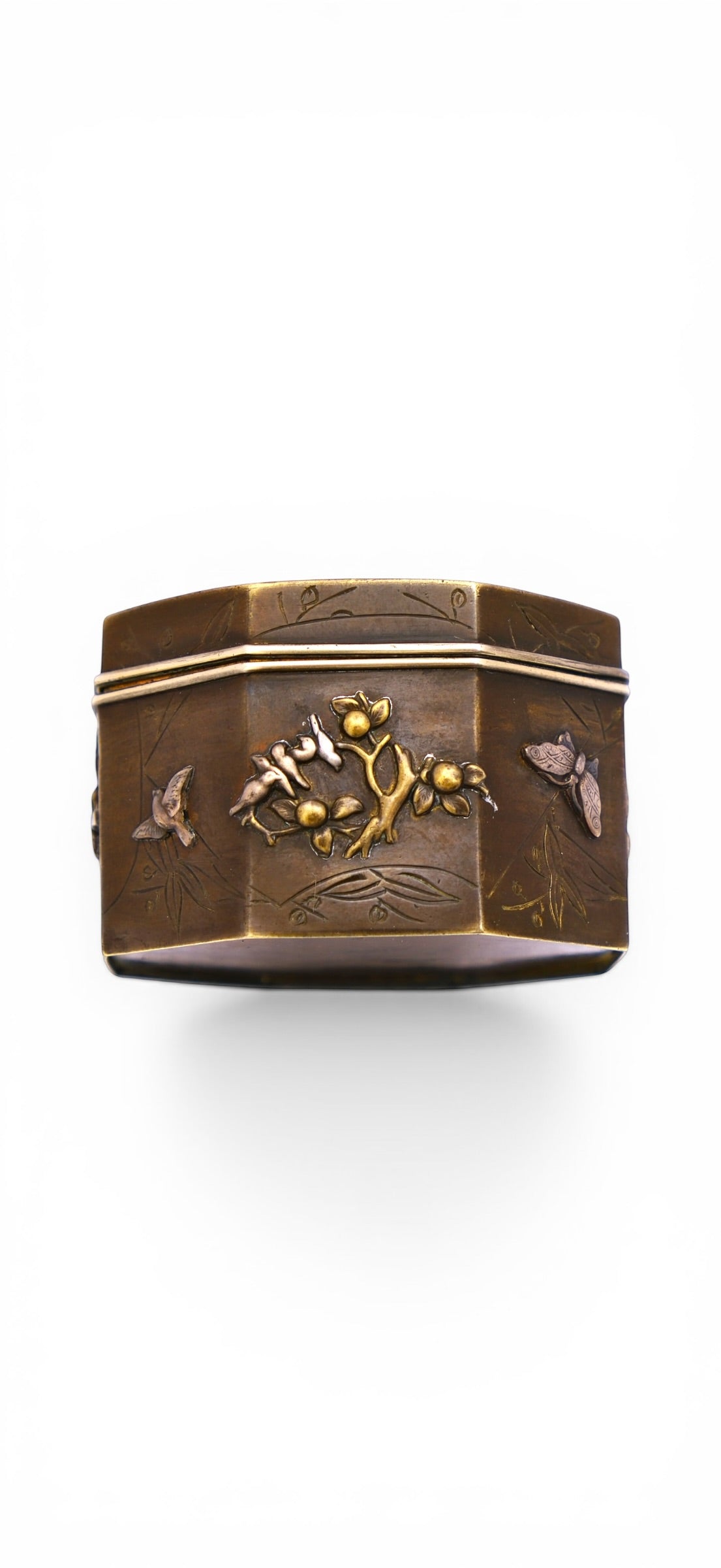 A Small Japanese Mixed-Metal Hexagonal Box-Late Meiji to Taishō period (circa 1900–1920)