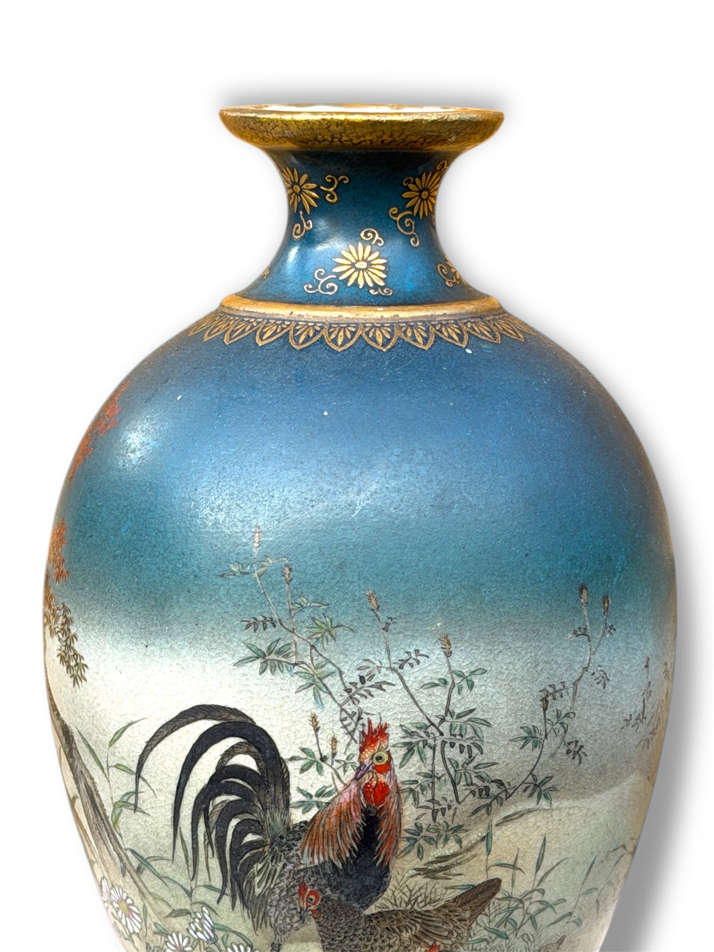 Fine Japanese Satsuma Vase with Roosters and Autumn Maple by Gyokusen, Meiji Period