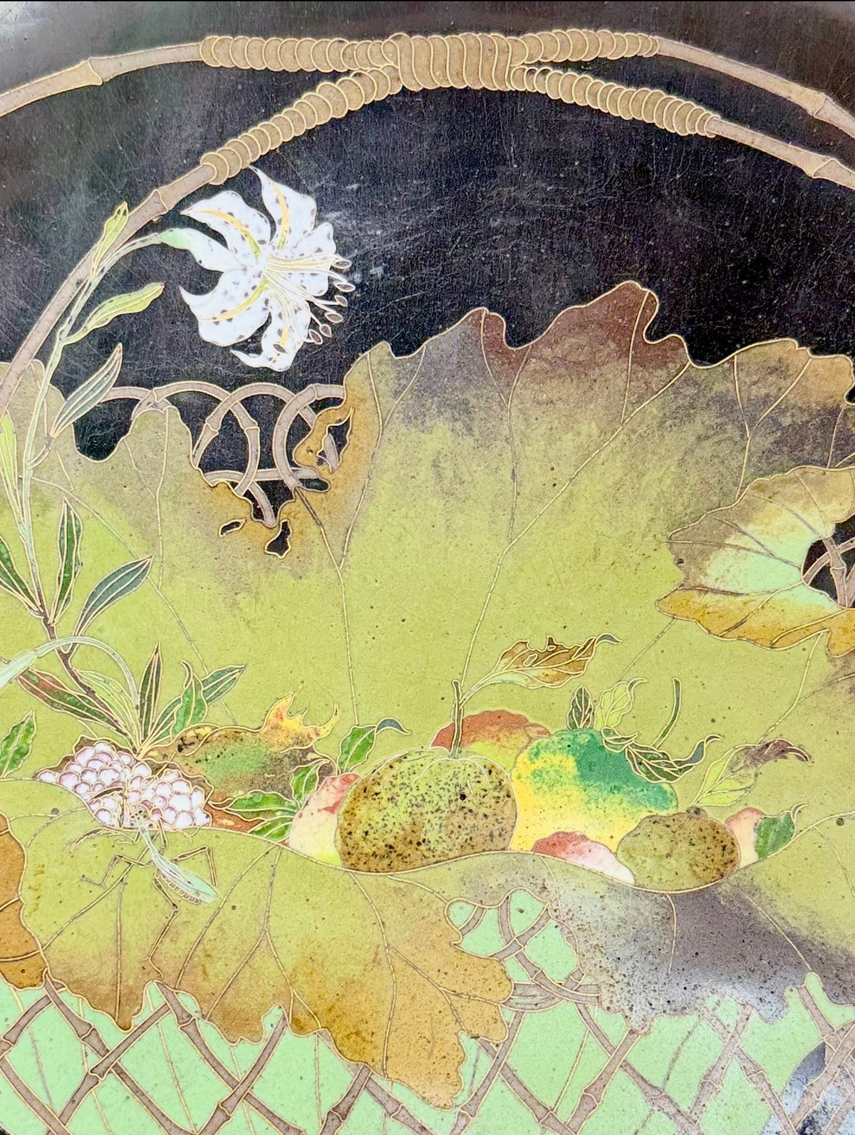 A FINE JAPANESE GOLD-WIRE CLOISONNÉ ENAMEL CHARGER WITH FRUIT, FLOWERS AND A MANTIS, MEIJI PERIOD