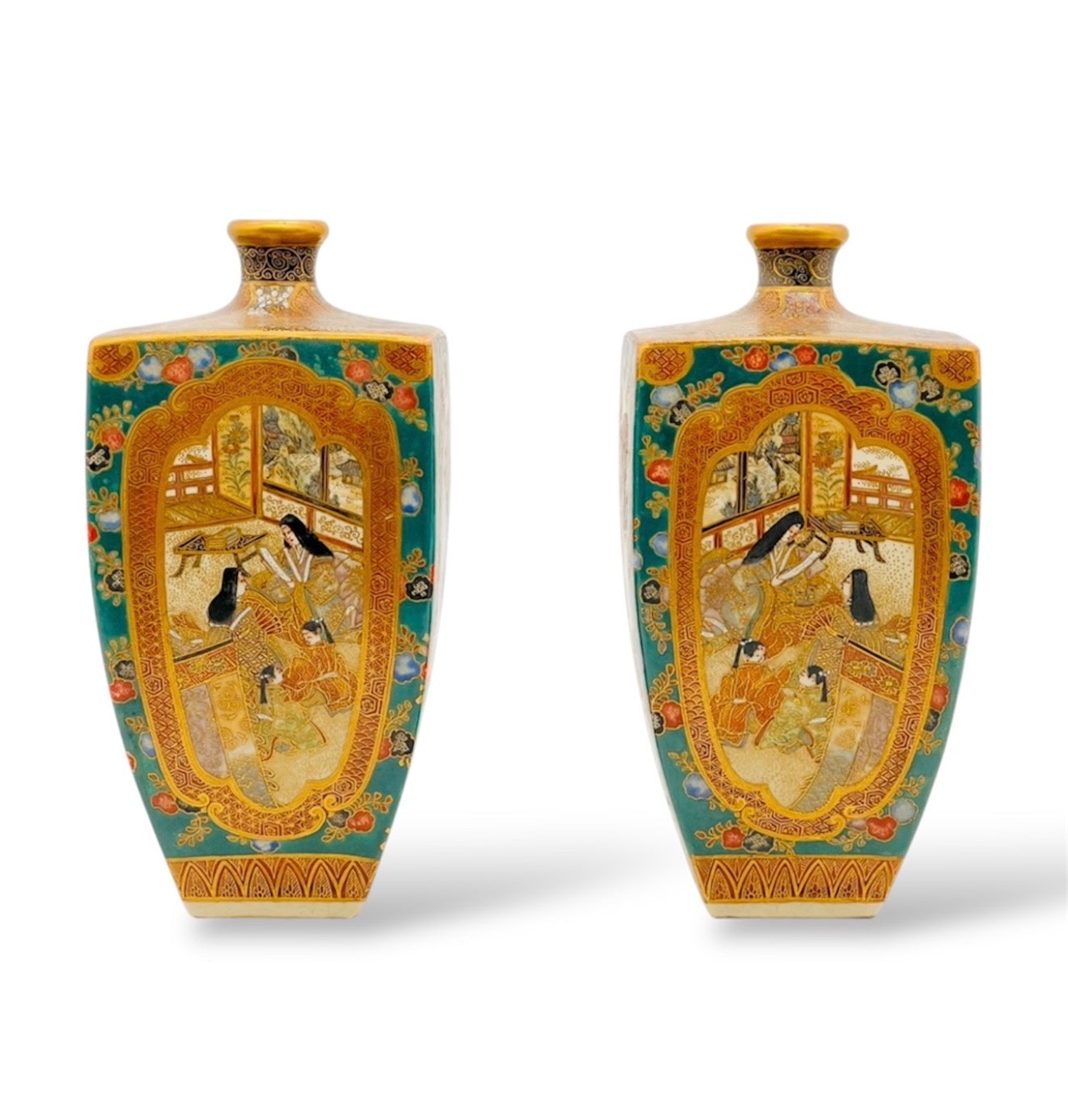 An Important Pair of Kyoto Satsuma Square-Section Vases by Ryōzan, Meiji Period