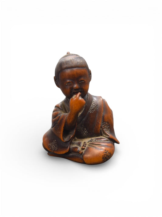 A Fine Japanese Wood Netsuke of a Boy with a Hannya Mask,Signed Hojitsu