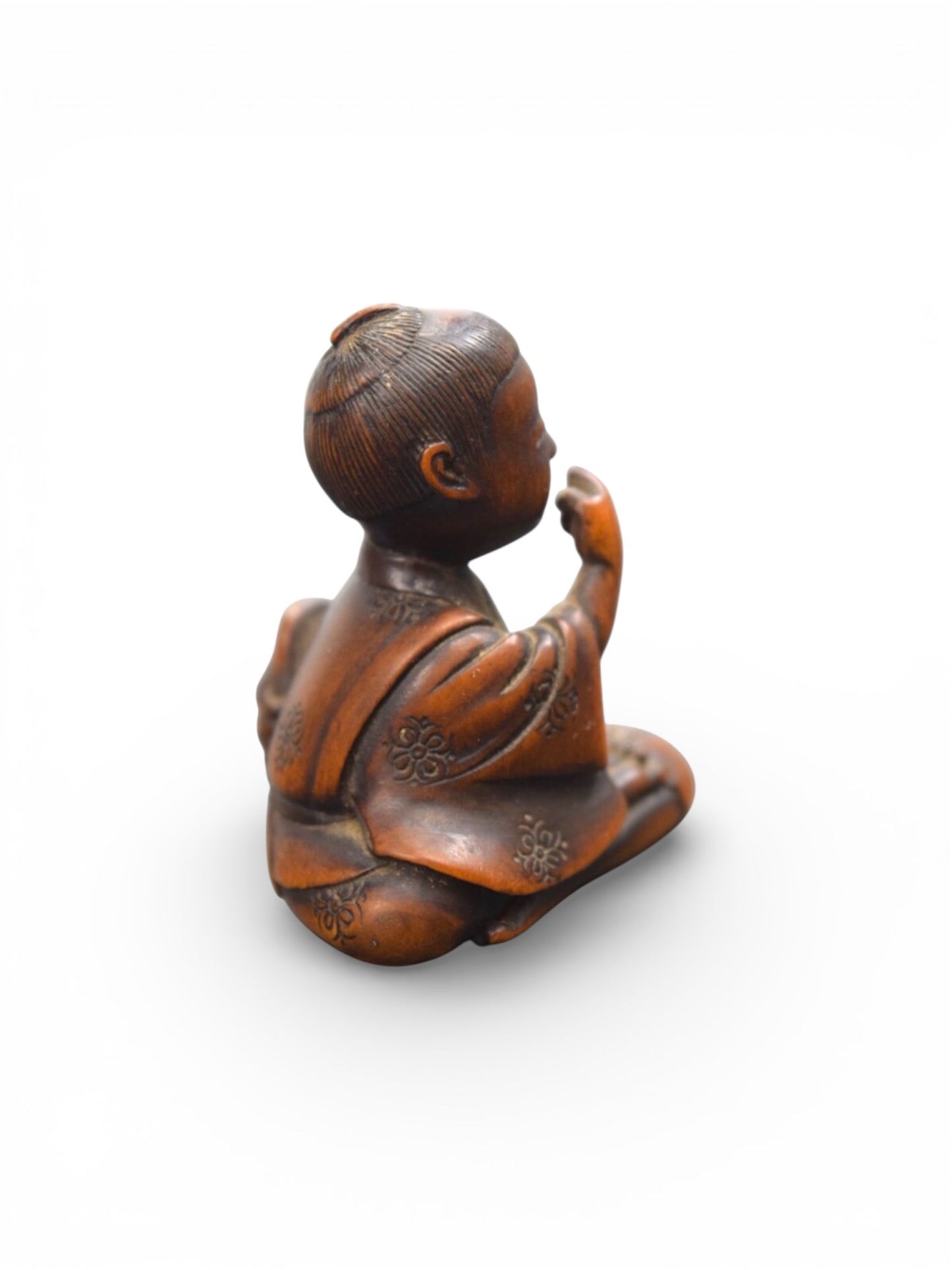 A Fine Japanese Wood Netsuke of a Boy with a Hannya Mask,Signed Hojitsu