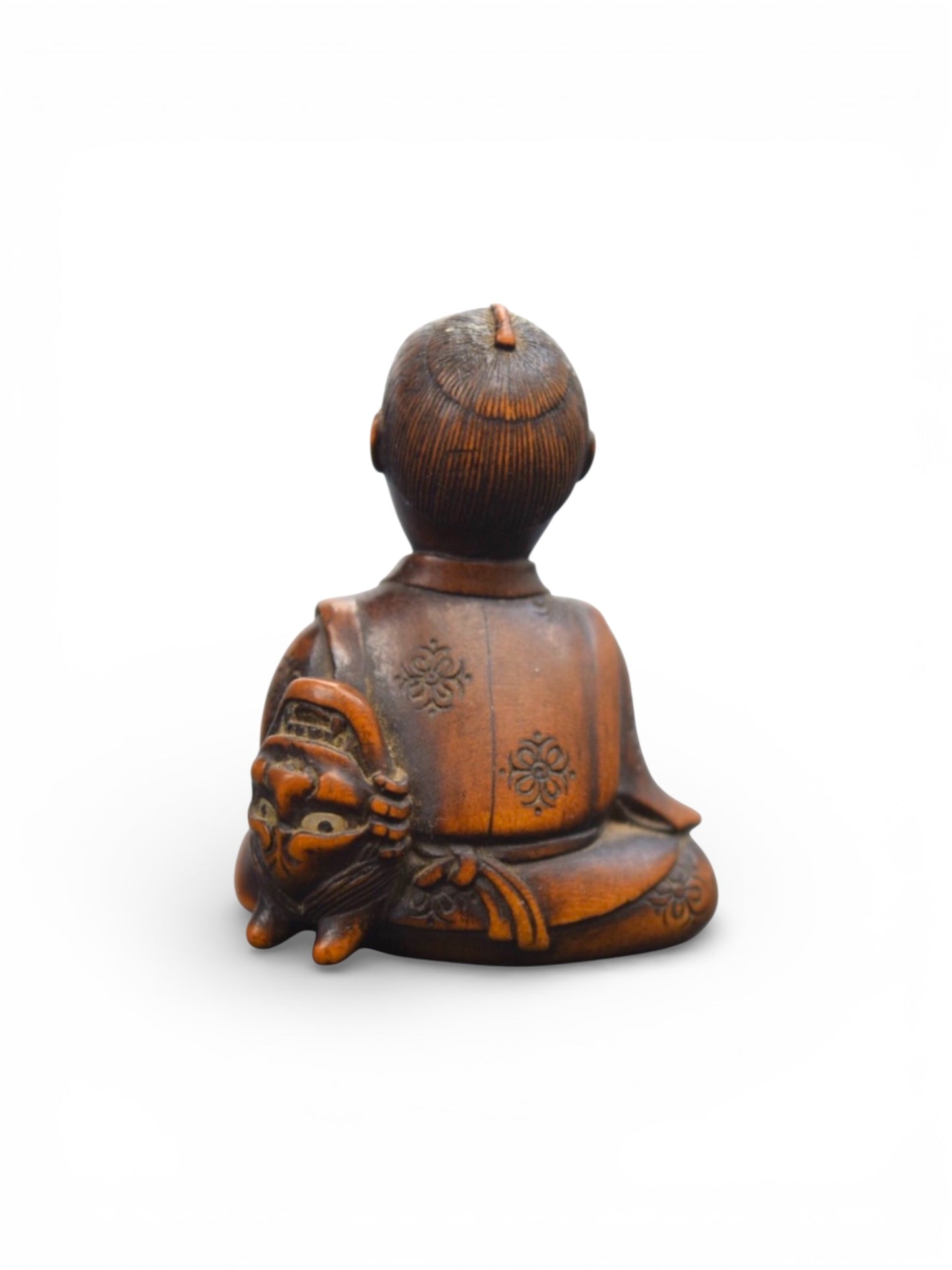 A Fine Japanese Wood Netsuke of a Boy with a Hannya Mask,Signed Hojitsu