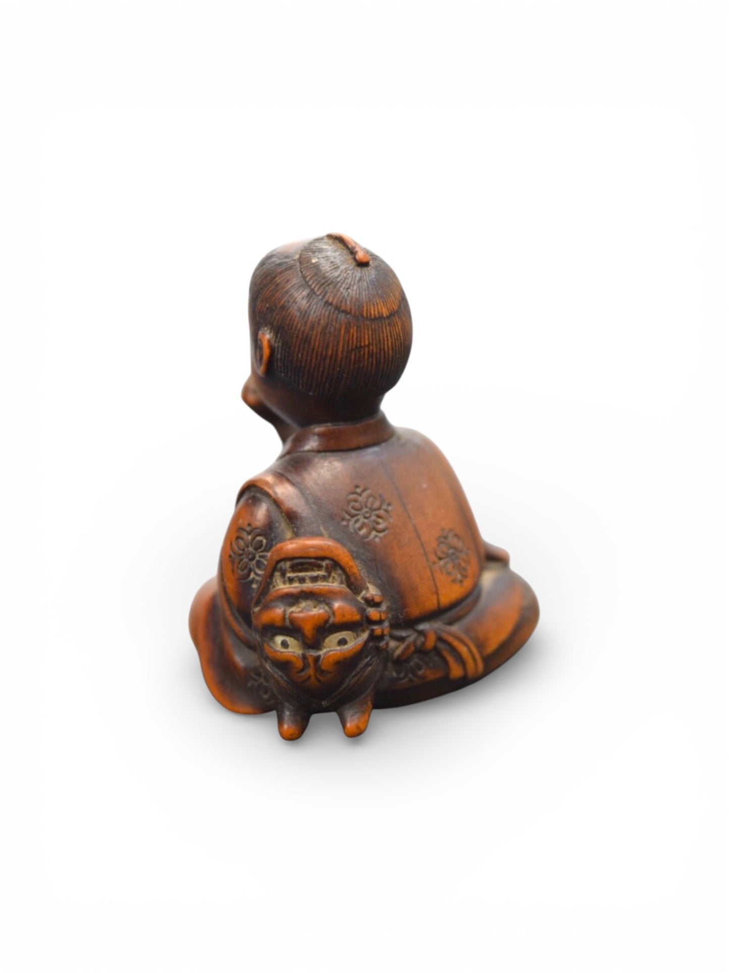 A Fine Japanese Wood Netsuke of a Boy with a Hannya Mask,Signed Hojitsu