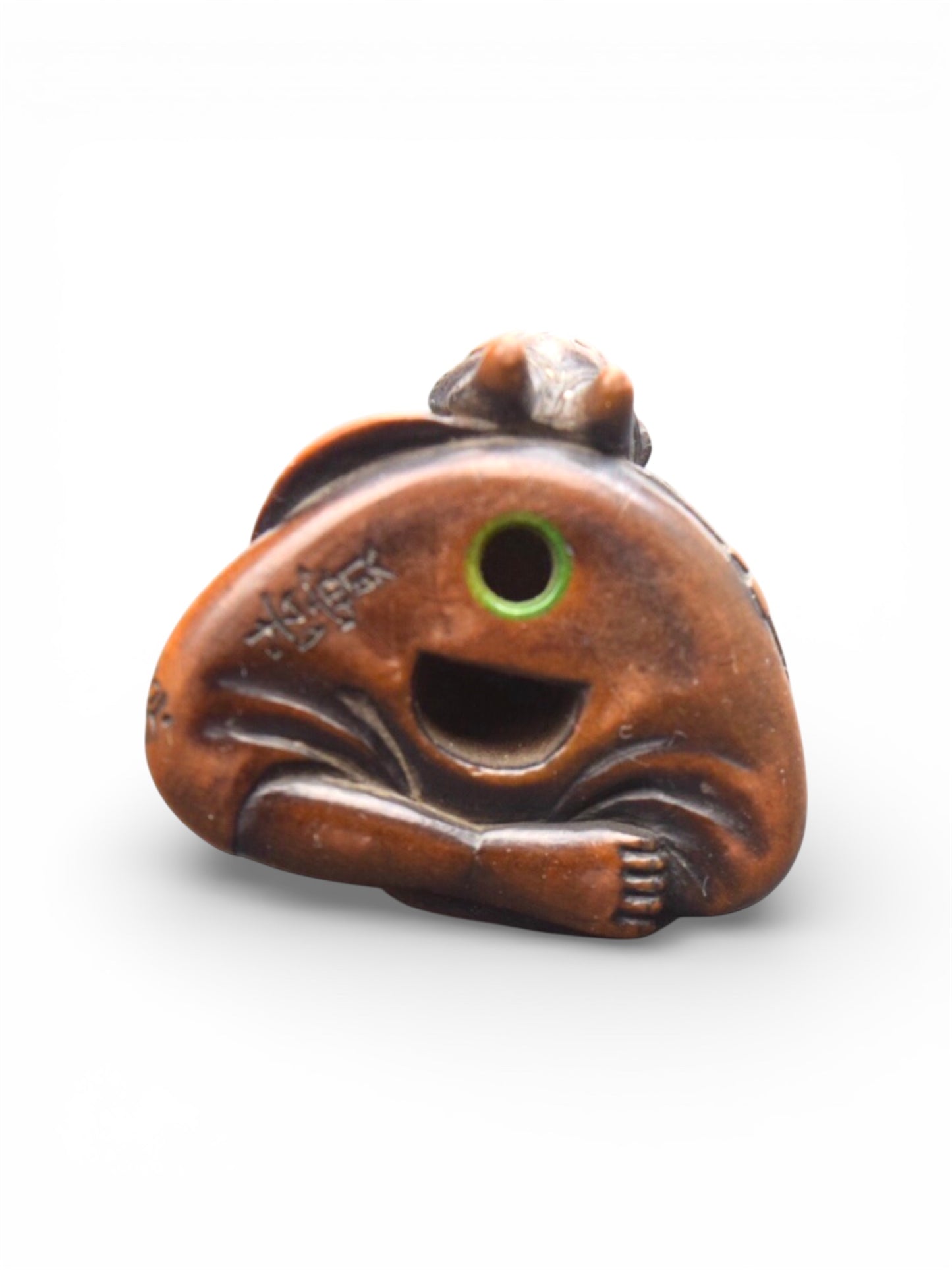 A Fine Japanese Wood Netsuke of a Boy with a Hannya Mask,Signed Hojitsu